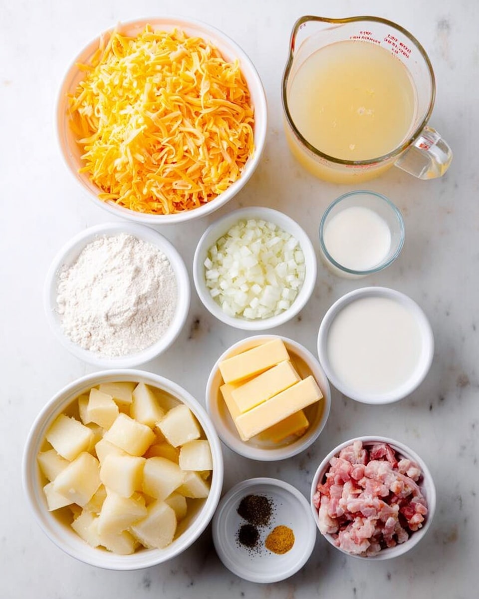 The image shows nine white bowls and measuring cups arranged neatly on a white marbled surface, each holding different ingredients. At the center is a large bowl filled with shredded orange cheese, and below it is another large bowl with peeled and cubed pale yellow potatoes. To the left is a bowl of white flour, and to the right is a bowl with small pieces of raw bacon in pink and white. Above the bacon is a small cup with a white thick creamy substance, and near the top center is a small bowl with white chopped onions. Next to the onions is a small bowl of yellow butter squares, and to the left of that, a small bowl with black pepper. Above the potatoes is a clear glass measuring cup filled with light yellow broth, and next to it is a measuring cup with white milk. The composition is bright and clean, with all items clearly visible, arranged on a smooth white marbled texture. photo taken with an iphone --ar 4:5 --v 7