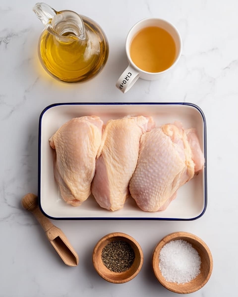The image shows three raw chicken pieces placed side by side in a white rectangular dish with dark blue edges positioned on a white marbled surface. Above the dish, there is a small glass jug filled with golden olive oil on the left, and a white cup filled with light amber liquid labeled