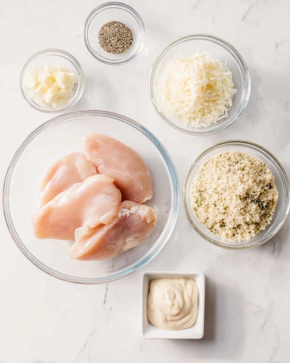 The image shows six separate clear or white bowls and dishes arranged on a white marbled surface. The largest bowl at the bottom contains three slices of raw light pink chicken. Above it to the left is a small clear bowl with black pepper. To the right of that is a small square white dish with finely chopped light yellow garlic. Above those, there are two round clear bowls: one smaller with white grated cheese and one larger with beige breadcrumbs mixed with green herbs. In the middle left is a round clear bowl with a smooth, creamy, pale mixture, likely mayonnaise or sauce. A woman's hand is visible holding the chicken bowl from the right side. Photo taken with an iphone --ar 4:5 --v 7