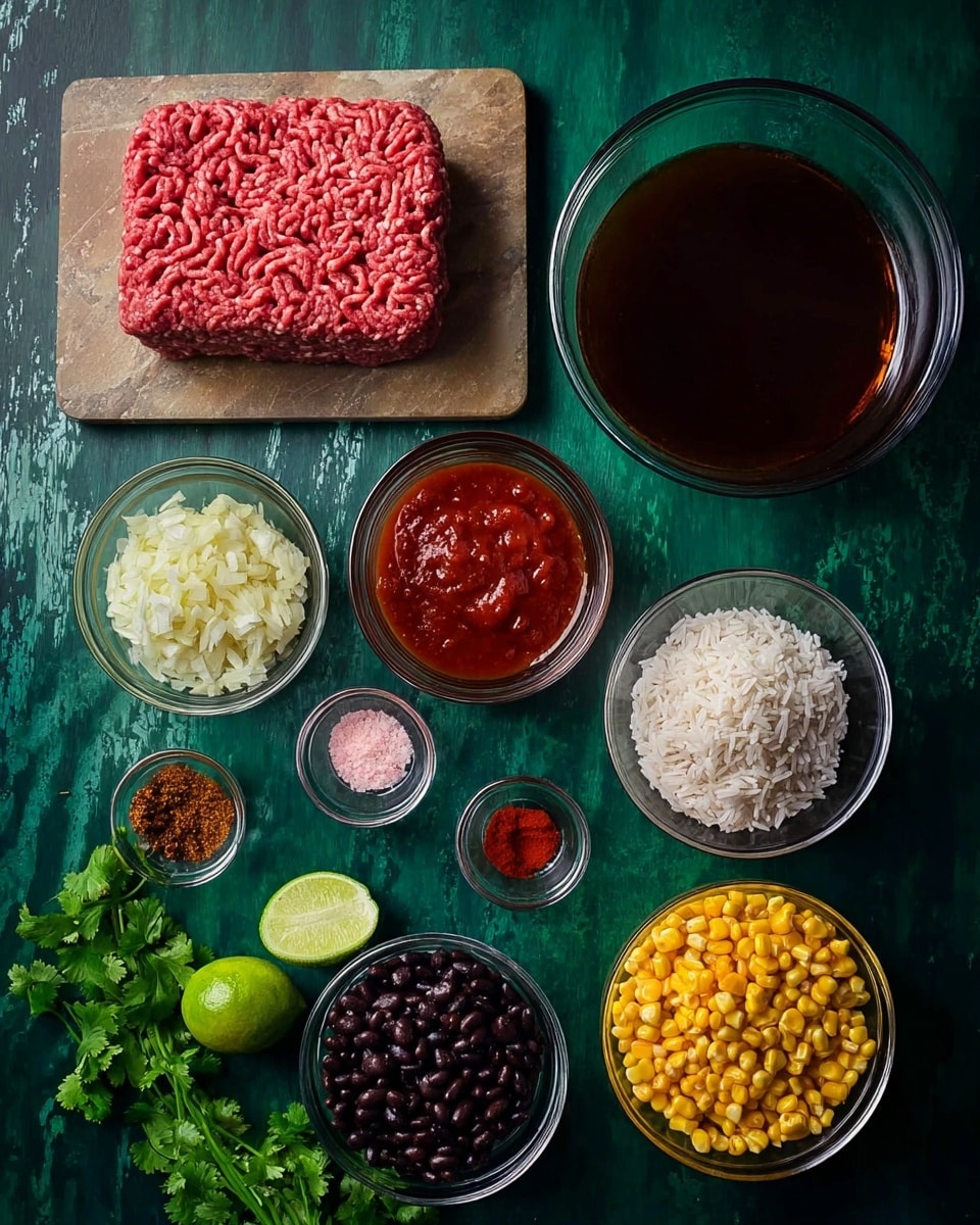 A top view of ingredients arranged on a dark green surface with a white marbled texture including a rectangular block of raw ground meat with a pinkish-red color on a light brown cutting board, a large glass bowl filled with dark brown liquid, a smaller glass bowl of chunky red tomato sauce in the center, another small glass bowl with white uncooked rice, a glass container of finely chopped white onions, and bright yellow corn kernels in a round glass bowl. There are two small clear bowls containing finely minced garlic and a reddish-brown spice powder, another divided dish with black beans and dark beans, a small dish of pink salt, a halved lime, a small glass bowl with clear liquid, a small glass bowl of red sauce, and a sprig of fresh green cilantro. photo taken with an iphone --ar 4:5 --v 7