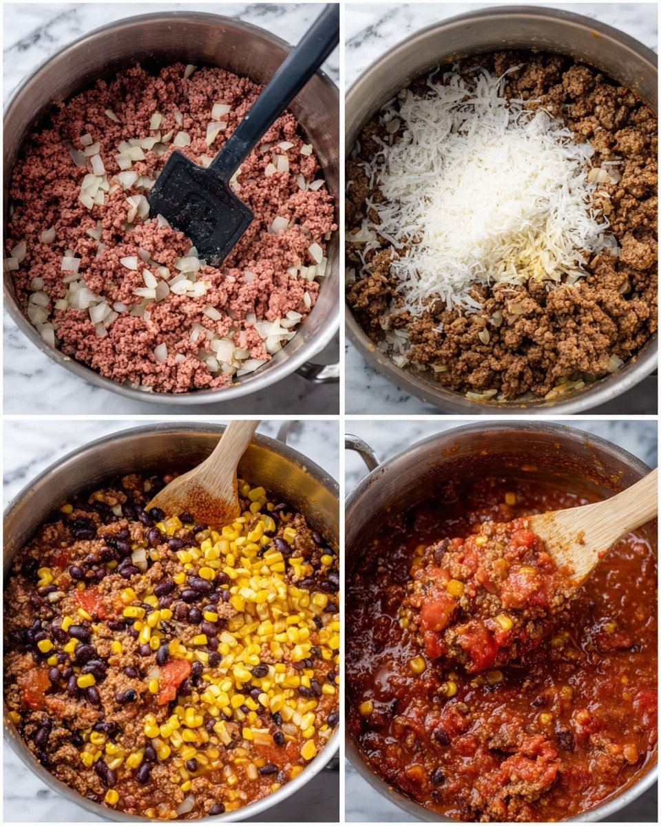 The image is divided into four parts showing different cooking stages in a metal pot. The first part shows raw ground meat mixed with small onion pieces, with a black spatula stirring it. The second part shows the meat fully cooked, browned evenly, and mixed with onions with a wooden spatula resting on the side. The third part shows cooked meat mixed with a tomato-based sauce and corn, topped with a layer of dry white rice while a wooden spatula stirs on the right side. The last part shows the full cooked dish with all ingredients combined, including rice, corn, black beans, and ground meat in a thick red sauce, with a spoon lifting a portion from the pot. The scene has a white marbled surface background photo taken with an iphone --ar 4:5 --v 7