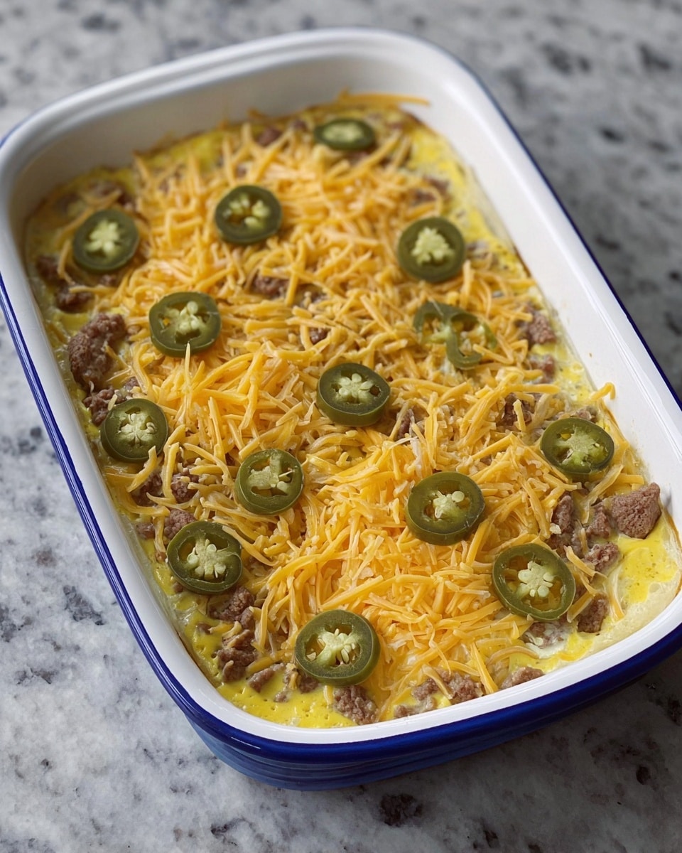 The dish is in a white baking dish with blue edges, filled with a layer of a yellow egg mixture mixed with small pieces of brown meat. On top, there is a generous layer of shredded yellow cheese and several green jalapeño slices scattered evenly. The baking dish is placed on a white marbled texture surface. photo taken with an iphone --ar 4:5 --v 7