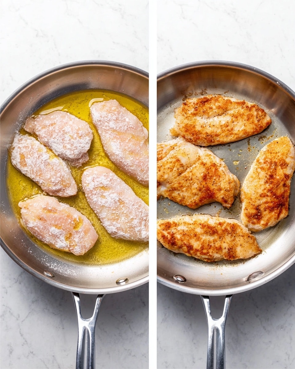 Two side-by-side images show the cooking process in a shiny metal pan on a white marbled surface. The left side shows four raw chicken pieces coated lightly in flour, sitting in a thin layer of yellow oil, pale pink with a powdery texture. The right side shows the same four chicken pieces after cooking, browned and crisp on the outside, with golden and light brown patches and a slightly rough texture. The pan handle is metal and points to the lower right corner in both images. photo taken with an iphone --ar 4:5 --v 7