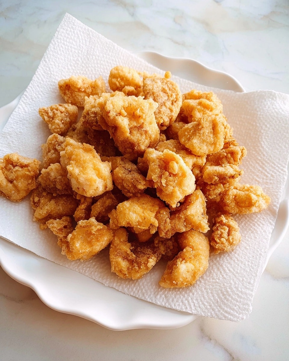 The image shows a white plate with a wavy edge holding a pile of small, golden brown fried pieces. The fried pieces are uneven in shape, with a rough, crispy texture. They are placed on top of a white paper towel that absorbs excess oil. The plate sits on a white marbled surface. photo taken with an iphone --ar 4:5 --v 7