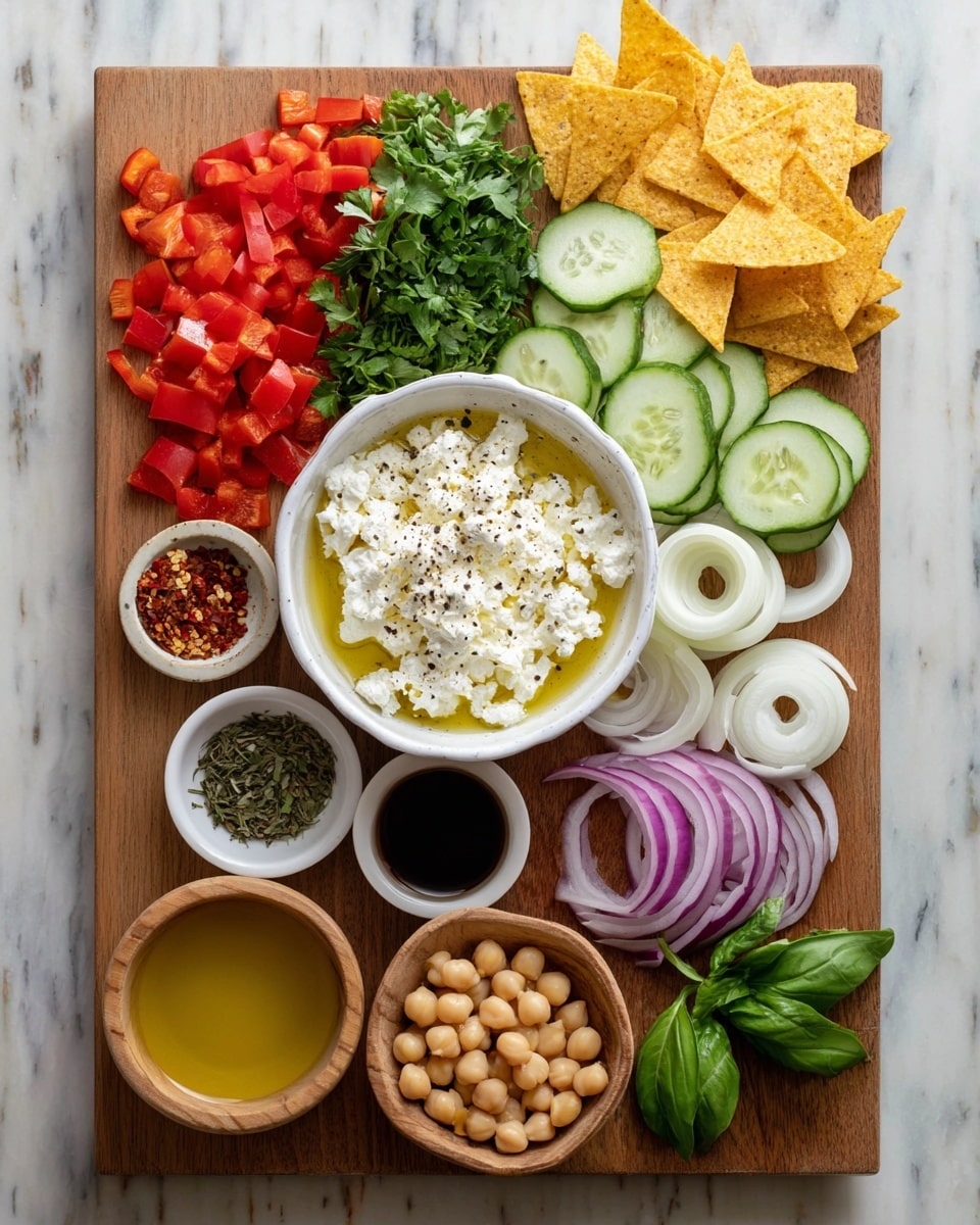 A wooden board on a white marbled surface holds a variety of fresh ingredients arranged neatly. At the center is a white bowl filled with white cottage cheese floating in golden olive oil, sprinkled with black pepper. Above the bowl are layered cucumber slices in light green with pale centers, next to fresh green parsley and chopped red cherry tomatoes. To the left of the cucumbers, diced red bell peppers add a bright splash of color, while a wooden small bowl beside them holds red chili flakes. Below that, a white bowl contains dried green herbs, and a smaller white bowl holds a dark liquid, likely balsamic vinegar. Slices of white onion rings sit neatly to the left, above bright green cucumber rounds and more fresh parsley. Below, a small wooden bowl is filled with pale beige chickpeas, beside dark green basil leaves and purple onion slices stacked in loops. To the right of the bowl with onion slices is a white bowl holding light yellow lemon juice. Triangular golden yellow corn chips are placed on the top left and bottom right corners of the wooden board. photo taken with an iphone --ar 4:5 --v 7