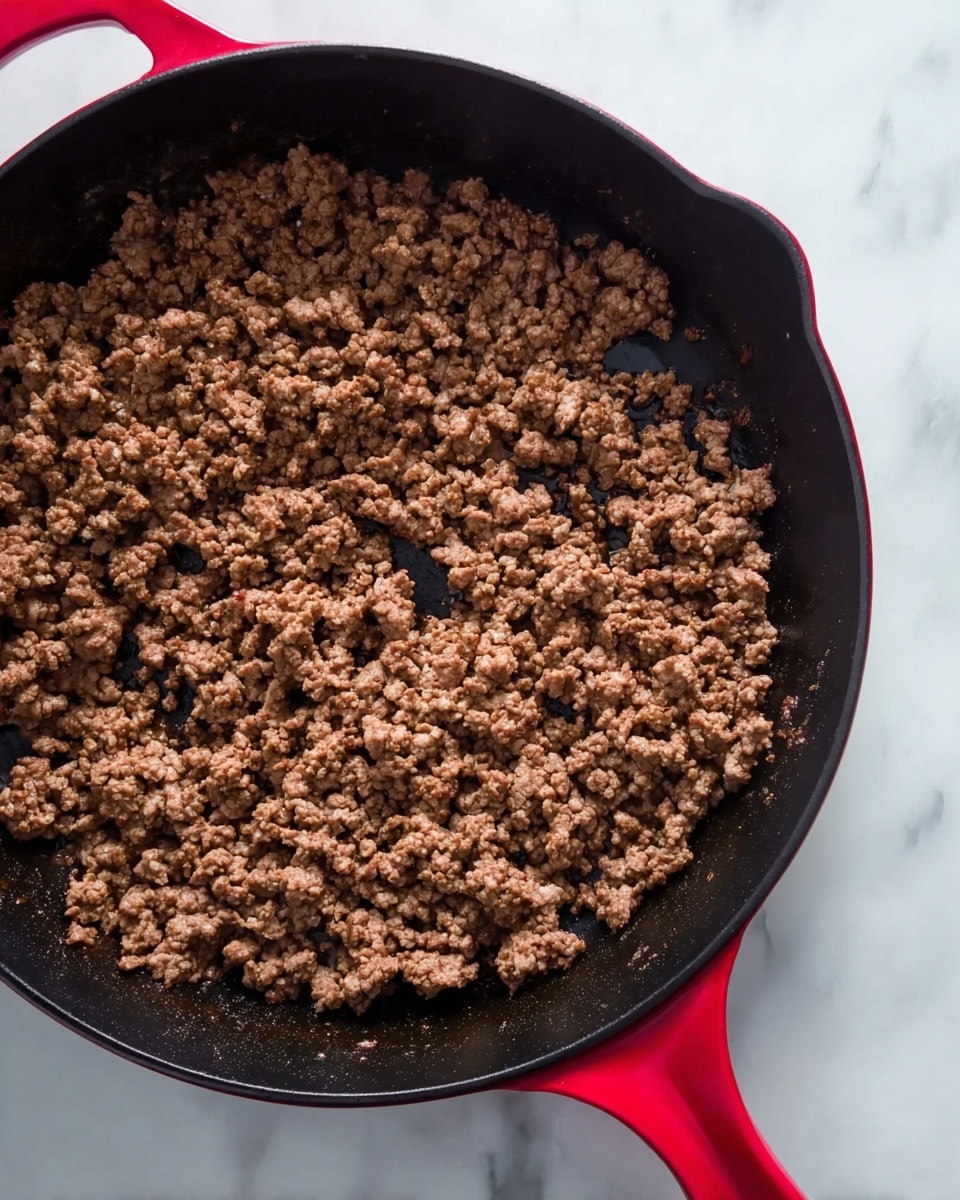 A close-up view of cooked ground meat in a red cast iron skillet with a black interior. The browned but slightly moist meat covers most of the pan’s surface with some small gaps showing the skillet underneath. The skillet handle and helper handle are visible and bright red. The background is a white marbled surface with soft natural light. Photo taken with an iphone --ar 4:5 --v 7