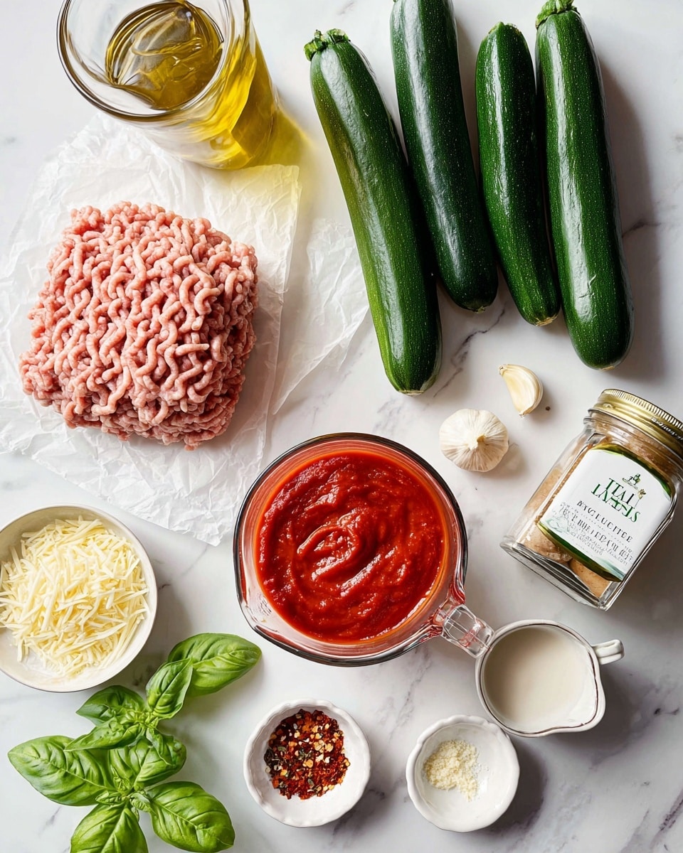 A collection of fresh cooking ingredients is arranged neatly on a white marbled surface. There are three whole dark green zucchinis placed horizontally, with garlic cloves and a small bunch of vibrant green basil leaves nearby. A glass measuring cup filled with rich, thick red tomato sauce sits in the lower center. To the left, there is a mound of light pink ground meat on white parchment paper. Small white bowls hold finely grated pale yellow cheese and a wedge of harder yellow cheese, as well as coarse salt. A small scalloped dish contains red chili flakes. A clear glass bottle filled with golden olive oil leans on its side, and a square glass jar with a metallic cap is labeled