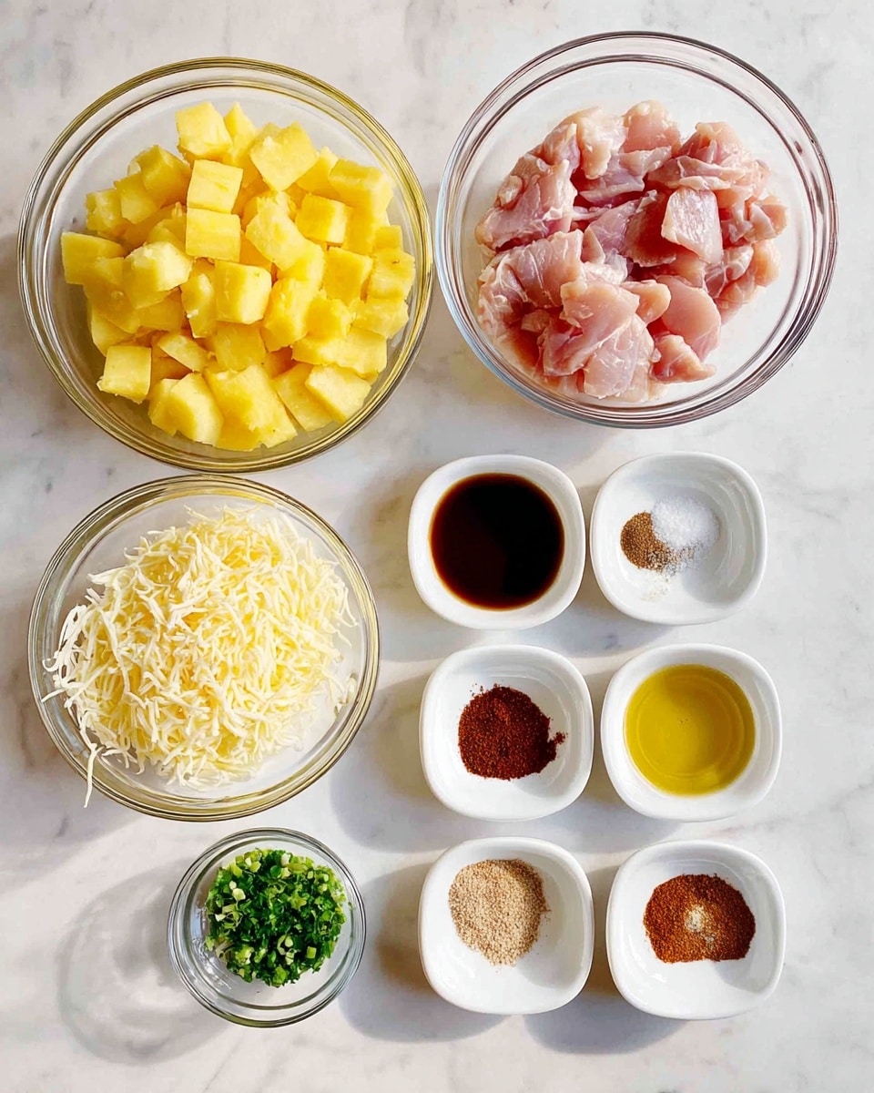 The image shows several small white bowls and clear glass bowls arranged neatly on a white marbled surface. On the left side, there are two large clear glass bowls, one filled with uniform yellow cubed potatoes and the other with raw pink chicken pieces. Below them is a smaller clear glass bowl filled with shredded white cheese. On the right side, there are nine small white bowls in a rectangular layout, each holding different ingredients: a dark brown sauce, a light golden oil, a shiny thick dark brown liquid, finely chopped green herbs, granulated brown sugar, a light brown powder, a red spice powder, a mix of salt and black pepper, and a beige powder. Everything is arranged orderly and evenly spaced. Photo taken with an iphone --ar 4:5 --v 7