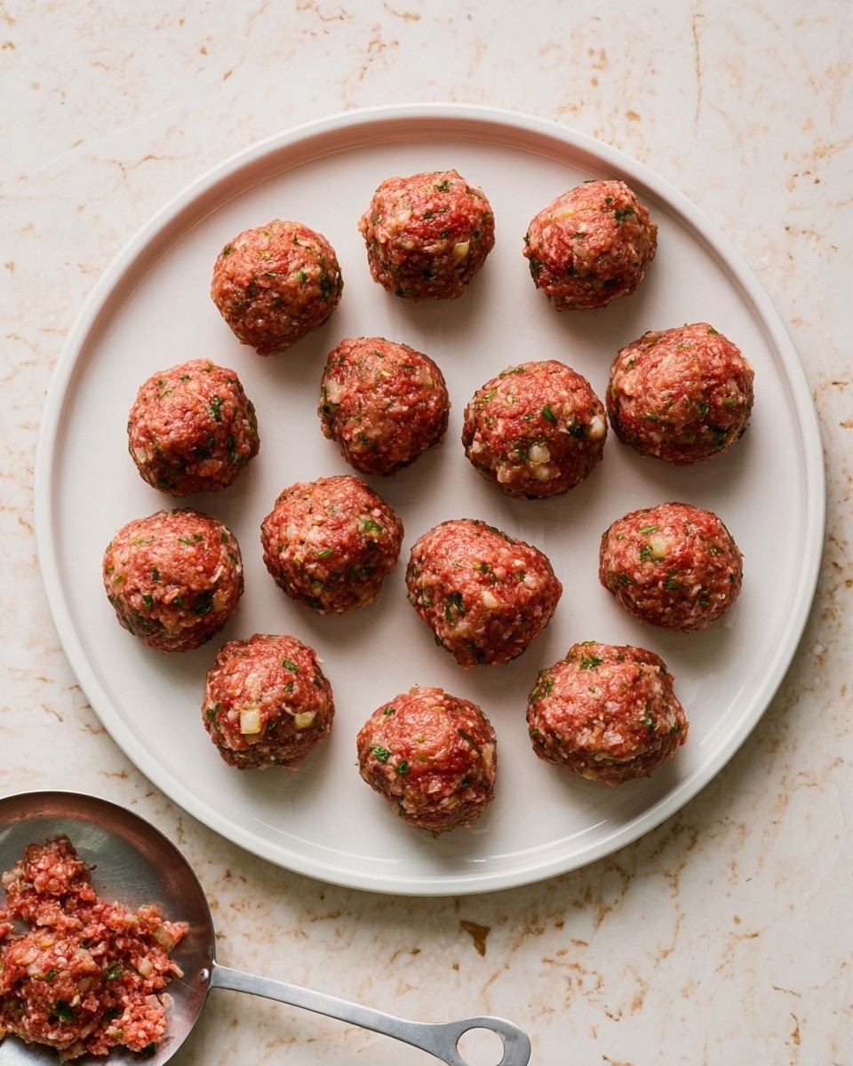 A white plate holds a circle of 18 raw meatballs arranged in two rings near the plate's edges. Each meatball is reddish-brown with visible bits of green herbs and white onion pieces, showing a moist and slightly coarse texture. The plate is set on a white marbled surface, and a round metal scoop with some meat mixture remains rests near the bottom right of the frame. The photo taken with an iphone --ar 4:5 --v 7