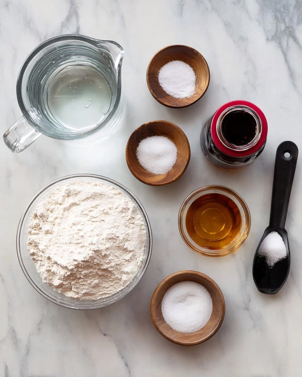 A clear glass measuring jug filled with water sits on the left side on a white marbled surface. To its right is a clear bowl full of white flour. Around these are small wooden bowls holding white salt and golden brown liquid, and an open jar filled with dark syrup with its red lid resting on the side. To the far right is a black measuring scoop filled with white sugar. photo taken with an iphone --ar 4:5 --v 7