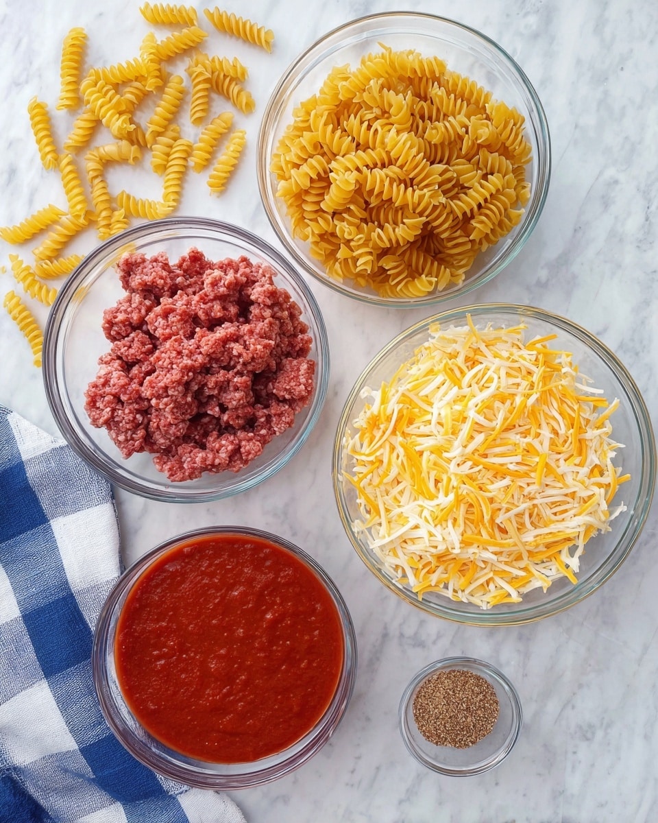 The image shows six clear glass bowls arranged on a white marbled surface, each containing different ingredients. The top left bowl is filled with dry yellow spiral pasta, with some pasta pieces scattered around it. To the right of the pasta is a bowl with raw ground meat, showing a mix of red and white colors. Below the pasta is a bowl filled with a smooth, rich red tomato sauce. Next to the sauce, on the right, is a bowl filled with shredded yellow and white cheese. Below these bowls is a small empty glass bowl, and next to it on the right is a tiny clear bowl containing a brown spice mix. In the top right corner, there is a blue and white checkered kitchen towel. Photo taken with an iphone --ar 4:5 --v 7