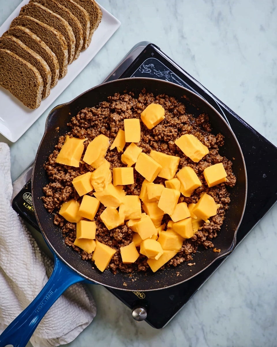 A round black skillet with a blue handle is filled with browned ground meat as the bottom layer, textured with small crumb-like pieces. On top of the meat, large chunks of orange cheese are scattered unevenly, ready to melt. The skillet sits on a black electric stove, all placed on a white marbled surface. To the left side, there is a small white rectangular plate with stacked slices of brown bread. A white cloth napkin is folded near the plate. The scene is well-lit and clear, showing the contrast between the meat, cheese, bread, and clean surface photo taken with an iphone --ar 4:5 --v 7