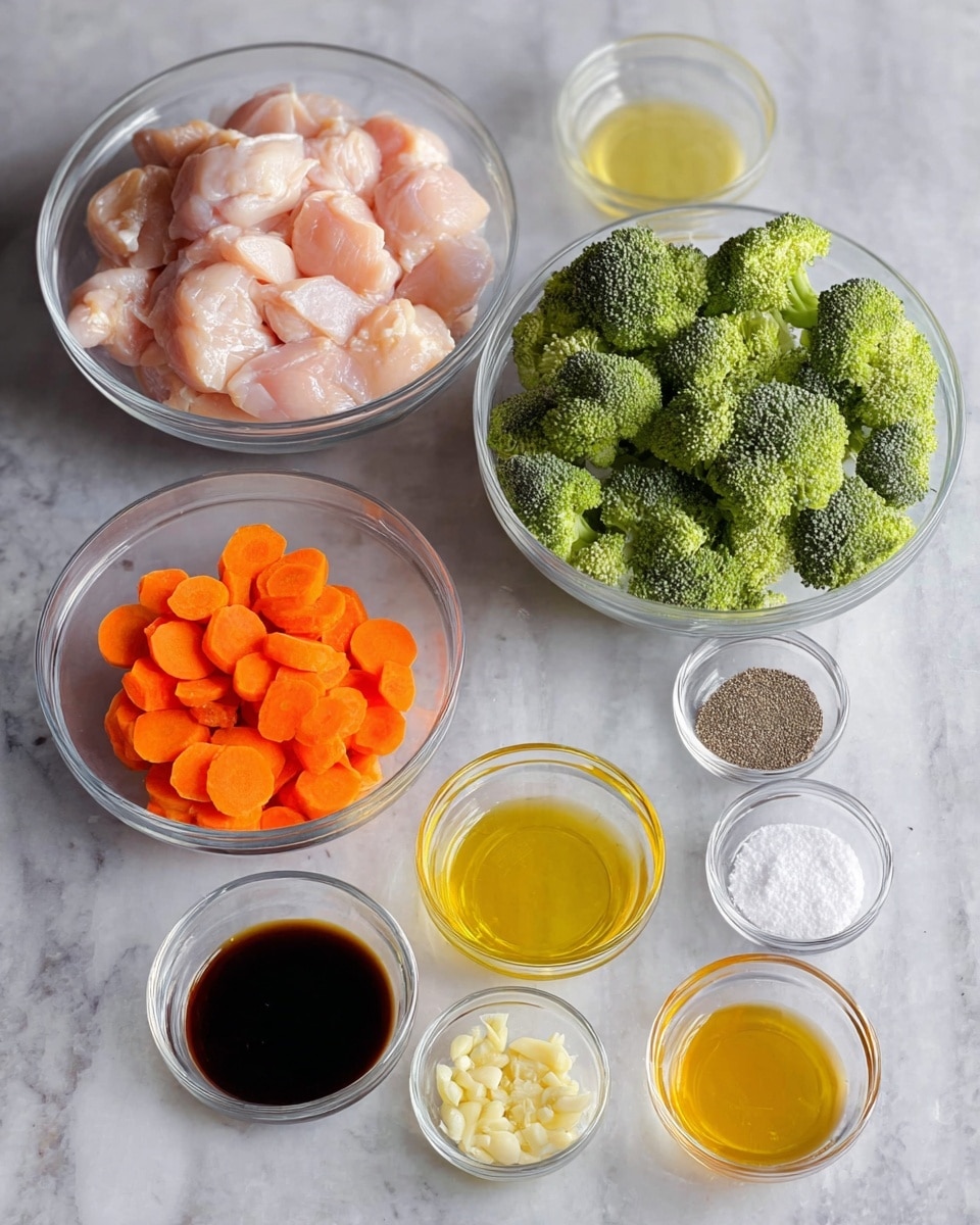The image shows several clear glass bowls placed on a white marbled surface, each holding different ingredients. From the back left, there is a large bowl filled with raw light pink chicken pieces, next to it on the right is a large bowl full of bright green broccoli florets. In front of the chicken is a smaller bowl with orange carrot slices. There are five small bowls placed in front of the vegetables and chicken, holding various liquids and seasonings: a dark brown sauce, a light yellow clear liquid, a golden amber liquid, finely chopped pale yellow garlic, white granulated salt, black ground pepper, and a white powdery substance. The arrangement is neat and organized to show all ingredients clearly. photo taken with an iphone --ar 4:5 --v 7
