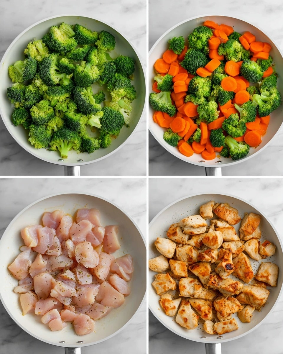The image is divided into four parts showing steps of cooking with a white pan placed on a white marbled surface. The top left part shows a mix of bright green broccoli florets and orange carrot slices covering the pan. The top right part shows the same broccoli and carrots cooked, with the green brighter and the carrots softer, still filling the white pan. The bottom left part shows raw light pink chicken pieces peppered with black pepper in the pan. The bottom right part shows fully cooked chicken pieces with golden brown edges spread evenly in the pan. photo taken with an iphone --ar 4:5 --v 7