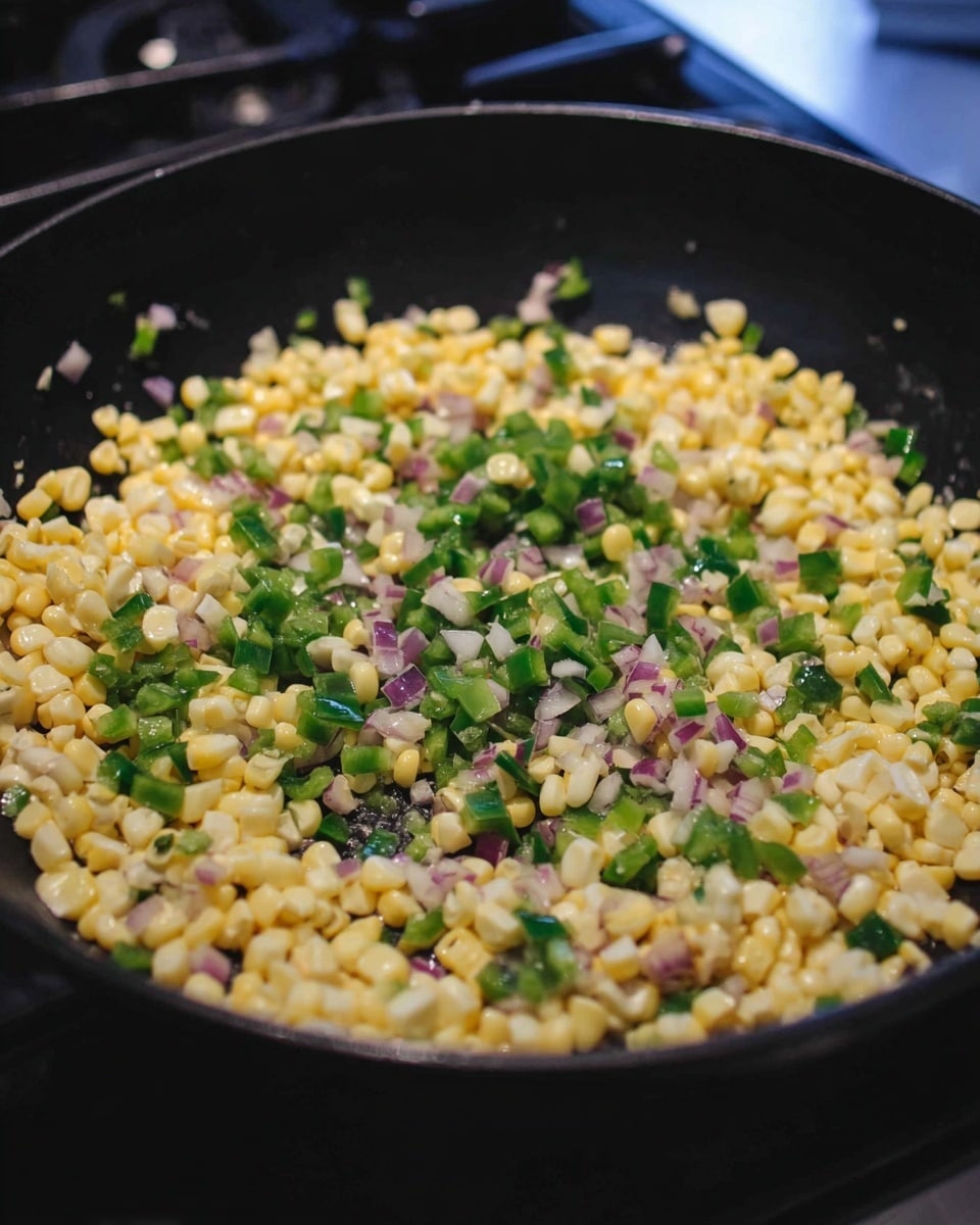 A black pan filled with three main layers of food: the first layer is small pale yellow corn pieces spread evenly across the pan, the second layer shows small bright green chopped peppers scattered throughout, and the third layer adds small bits of purple onion dispersed among the corn and peppers. The pan is on a stove, with a blurry background, and the food looks fresh and colorful. photo taken with an iphone --ar 4:5 --v 7