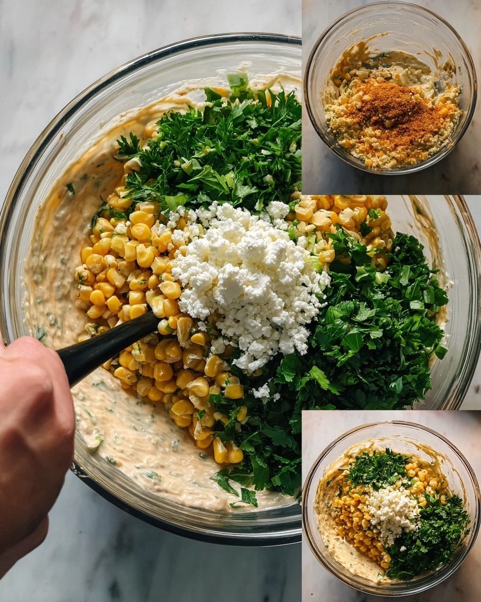 A clear glass bowl sits on a white marbled surface, filled first with a thick, light beige creamy mixture with visible small bits. Next, a layer of golden brown roasted corn kernels is added on top of the creamy base. This is followed by a generous pile of bright green chopped herbs covering much of the corn. Finally, a layer of crumbly white cheese rests in the center on top of the herbs. A woman's hand is shown using a black spoon to mix all the layers together, blending the cream, corn, herbs, and cheese. Photo taken with an iphone --ar 4:5 --v 7