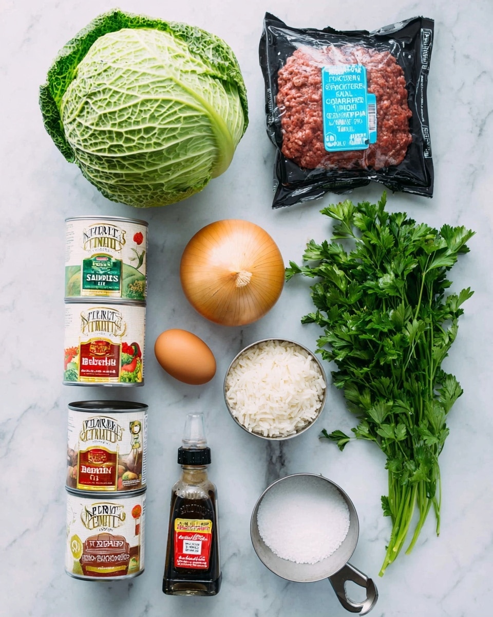 A collection of raw ingredients is laid out on a white marbled surface, showing one large green cabbage with visible veins and texture on the top left, a sealed black package of ground beef with a blue label on the top right, and a whole yellow onion below the cabbage. Near the center is a single brown egg beside a small metal measuring cup filled with white rice. Below these, two stacked white cans with colorful labels display tomato sauce on the left and crushed tomatoes on the right. Next to them, a dark glass bottle of Worcestershire sauce with a light yellow label sits between two clear spice jars labeled