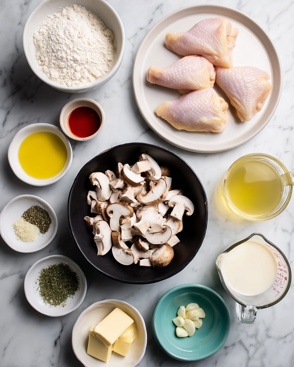 The image shows various cooking ingredients neatly arranged on a white marbled surface. At the top right, four raw chicken pieces with a smooth light pink texture lay on a white plate. Below them is a black bowl filled with chopped white and light brown mushrooms. To the top left, a white bowl contains white flour. Scattered around are small bowls with different ingredients: a small red bowl with yellow mustard, a green bowl with olive oil, a white bowl holding two cubes of light yellow butter, a small white plate with minced garlic, and a light blue bowl of green dried herbs. There is also a clear measuring cup filled with light yellow broth and another clear measuring cup containing white cream. Everything is arranged clearly and evenly spaced, making the ingredients easy to see. Photo taken with an iphone --ar 4:5 --v 7