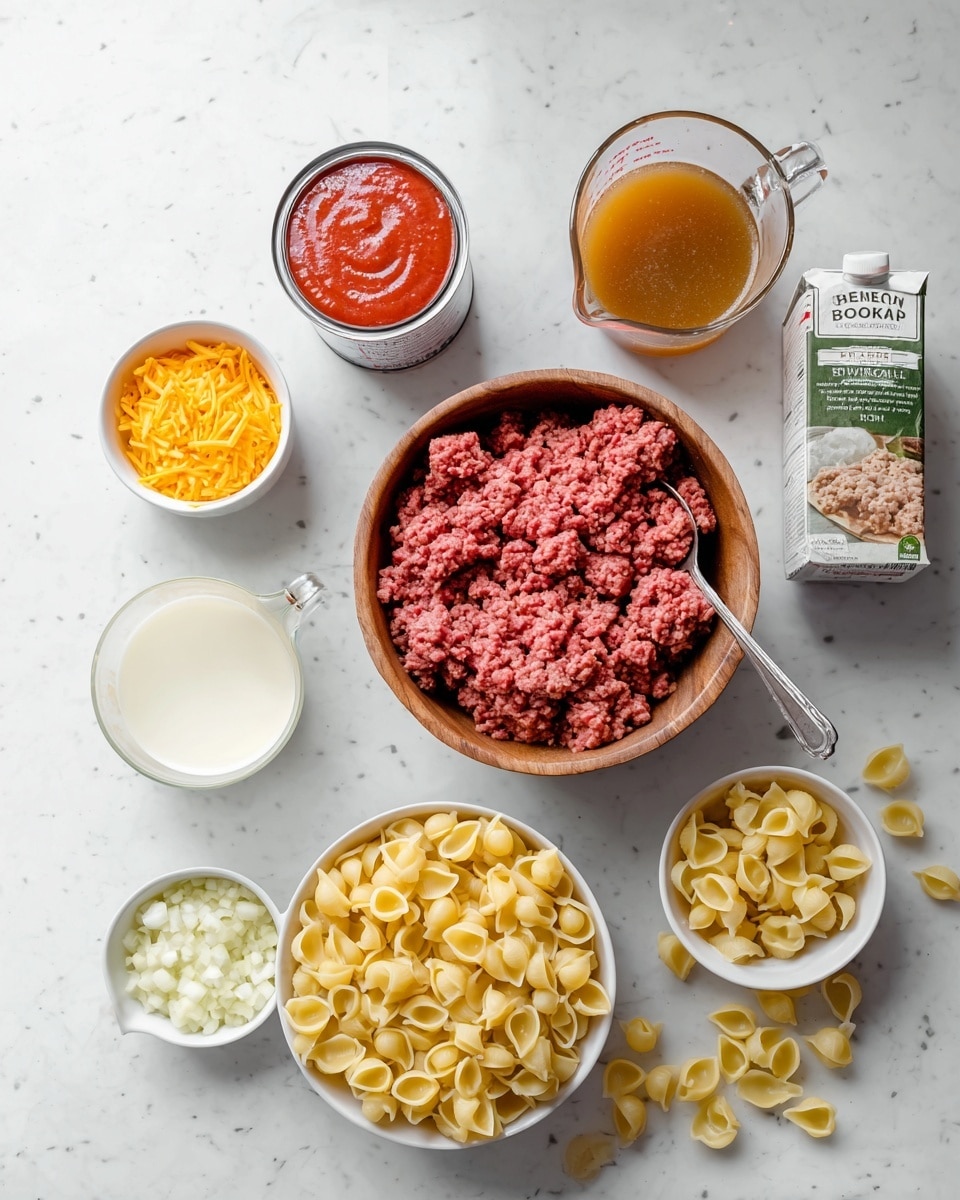The image shows ingredients for a meal arranged on a white marbled surface. In the center, there is a wooden bowl filled with fresh ground beef with a metal spoon scooping some of it. Above it to the left is a can of red tomato sauce, and next to it on the right is a clear glass measuring cup with brown beef broth. Beside the broth to the far right is a carton of organic beef broth. Below them, there are three small white bowls lined up: one with chopped white onions, one with minced garlic, and one with shredded orange cheddar cheese. At the bottom left, there is a clear glass cup filled with cream, and next to it a white bowl full of uncooked shell pasta, with more shell pasta scattered around the bowl. Photo taken with an iphone --ar 4:5 --v 7