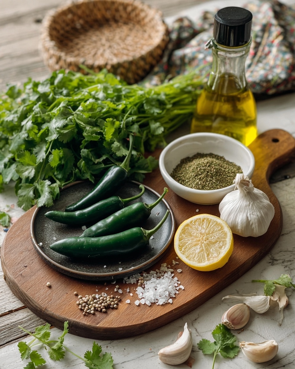 A wooden board holds fresh ingredients arranged neatly on a white marbled surface. On the board, there are three dark green chili peppers placed on a round dark plate with a few coriander seeds scattered around. Behind the plate is a large bunch of bright green fresh cilantro with leafy stems spreading outward. To the right, there is a small white bowl filled with greenish ground spices. Next to that, there is a clear glass bottle with a black cap, filled with yellow cooking oil and a slice of lemon inside. Scattered on the board are coarse white salt grains, two halves of a lemon showing the inside flesh, a bulb of garlic, several loose peeled garlic cloves, and some individual cilantro leaves. A woven basket with a cloth cover is blurred in the background. Photo taken with an iphone --ar 4:5 --v 7