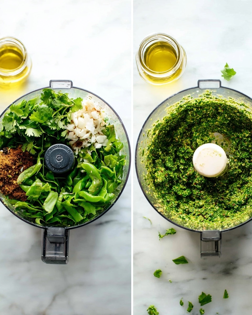 The image shows two side-by-side top views of a food processor on a white marbled surface. The left side shows the processor filled with layers of fresh green cilantro leaves, chopped jalapeno peppers with seeds, minced white garlic, and brown spices piled on top. A clear jar of light yellow oil is nearby. On the right side, the processor contains a thick, finely chopped green mixture of blended herbs and spices evenly spread around the curved blade, with some small leaves scattered on the marbled surface. Photo taken with an iphone --ar 4:5 --v 7