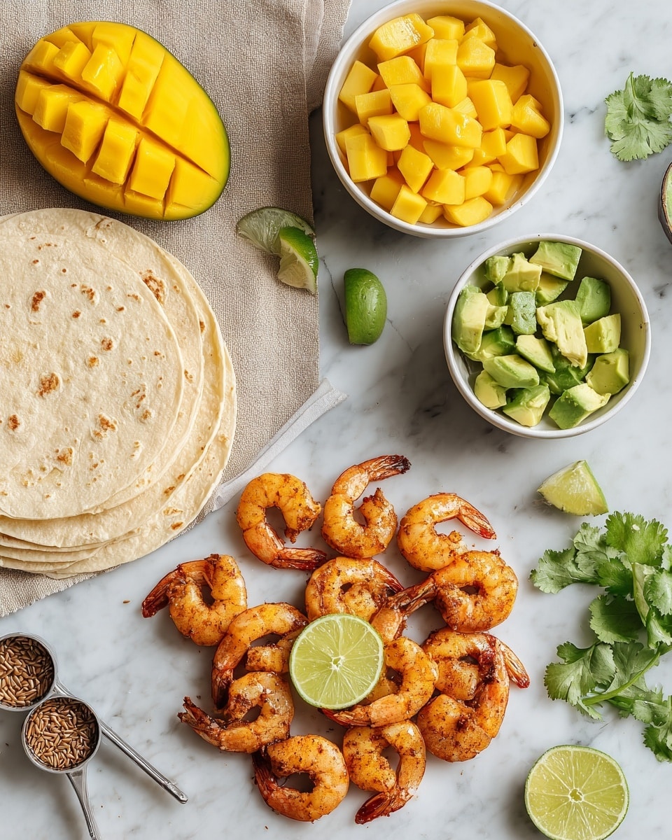 The image shows a white marbled surface with cooked, orange-brown shrimp arranged in a circular shape around a lime wedge in the center. There are two extra lime wedges nearby, with a few small green cilantro leaves scattered around. To the left, three soft tortillas rest on a beige cloth. Above the tortillas, a whole mango half is scored in a grid pattern, exposing bright yellow cubes inside. Next to it, a white bowl filled with yellow mango cubes is placed, and beside that, a white bowl holds green avocado cubes. Two small metal measuring spoons with brown seeds are also on the surface near the tortillas. Photo taken with an iphone --ar 4:5 --v 7