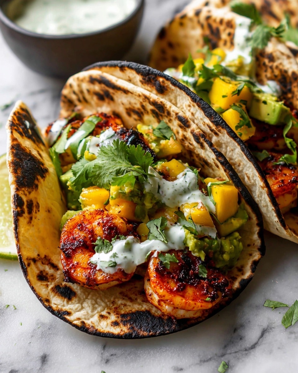 A close-up image shows two toasted tortillas folded in half, each tortilla with a slightly burnt outer edge giving a dark brown and black texture. Inside each tortilla, there are three layers: the bottom layer is juicy, grilled orange shrimp with char marks; the middle layer consists of diced yellow mango and green avocado pieces mixed with chopped cilantro; the top layer is a drizzle of white creamy sauce with small green herb bits and a sprig of fresh green cilantro on top. The tacos are placed on a white marbled surface with a small dark bowl of creamy sauce to the side. Photo taken with an iphone --ar 4:5 --v 7