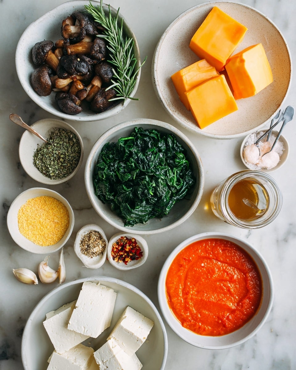 The image shows an overhead view of several small white bowls arranged on a white marbled surface. One bowl contains dark brown mushrooms with a sprig of green rosemary. Another bowl holds frozen chopped spinach with a rough texture and deep green color. A bowl with bright orange square cheese slices is placed next to a bowl of smooth, bright red tomato sauce. In the center, a bowl has white tofu blocks with a soft texture. There are also small bowls with yellow nutritional yeast flakes, a mix of red chili flakes and green herbs, a small jar with light brown liquid, and a small pile of pink salt with measuring spoons. Three peeled garlic cloves lie on the marble surface. photo taken with an iphone --ar 4:5 --v 7