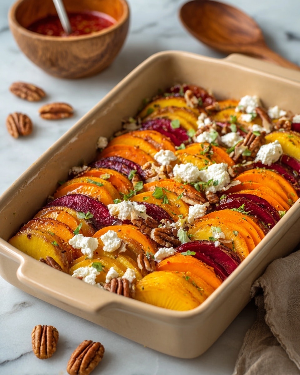 The dish shows a rectangular baking dish filled with neat rows of thin fruit slices layered upright in alternating colors of yellow-orange, bright orange, darker orange, and deep red, creating a colorful striped pattern. On top of the fruit layers are scattered white crumbled cheese, whole pecan nuts, and small green herb leaves for a fresh touch. Around the baking dish on the white marbled surface are a few loose pecan nuts. In the background, there is a wooden bowl with red sauce and a spoon. The photo was taken with an iphone --ar 4:5 --v 7