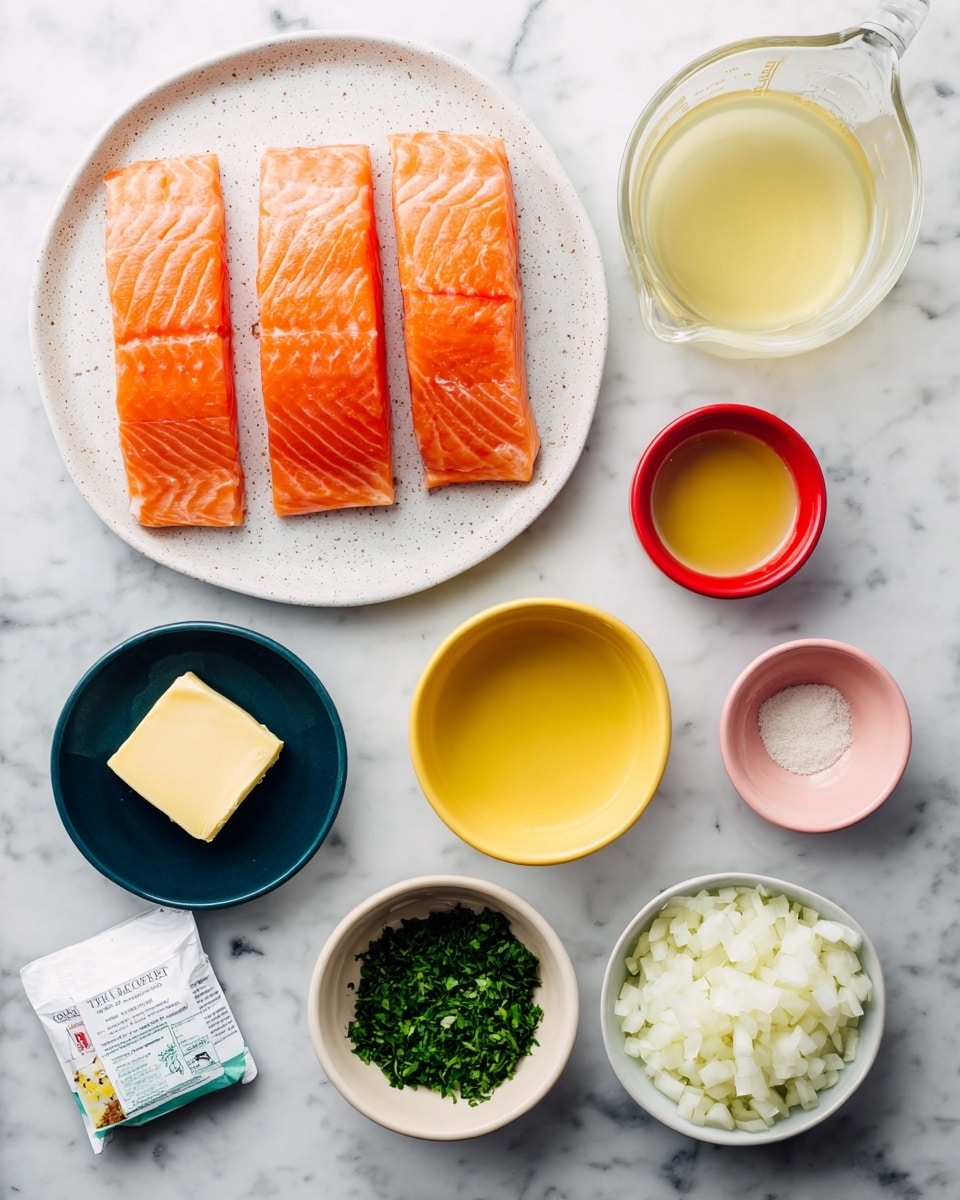 The image shows four raw salmon fillets placed side by side on a round white plate with a slight speckled texture, positioned in the top left corner. To the top right is a clear glass measuring cup filled halfway with a light yellow liquid. Below the salmon, from left to right, there is a small dark blue bowl holding a square piece of butter, a small white bowl filled with yellow oil, a small red bowl containing a light beige powder, and a small pink bowl with a pale liquid. Toward the bottom center, a small round yellow bowl contains chopped green herbs. On the bottom right, a white bowl is filled with chopped white onions. A small white package with a garlic and herbs label is placed on the bottom left. All items are arranged neatly on a white marbled surface photo taken with an iphone --ar 4:5 --v 7