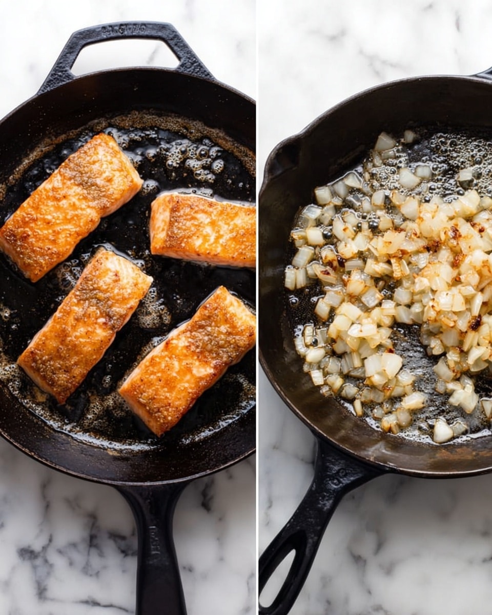 The image shows two black iron pans on a white marbled surface. The left pan contains four salmon pieces, each with a golden brown and slightly crispy top layer, arranged evenly around the pan. The right pan is filled with small diced onions that are soft and lightly golden with some charred bits, frying in bubbling oil, covering the pan's surface evenly. Photo taken with an iphone --ar 4:5 --v 7