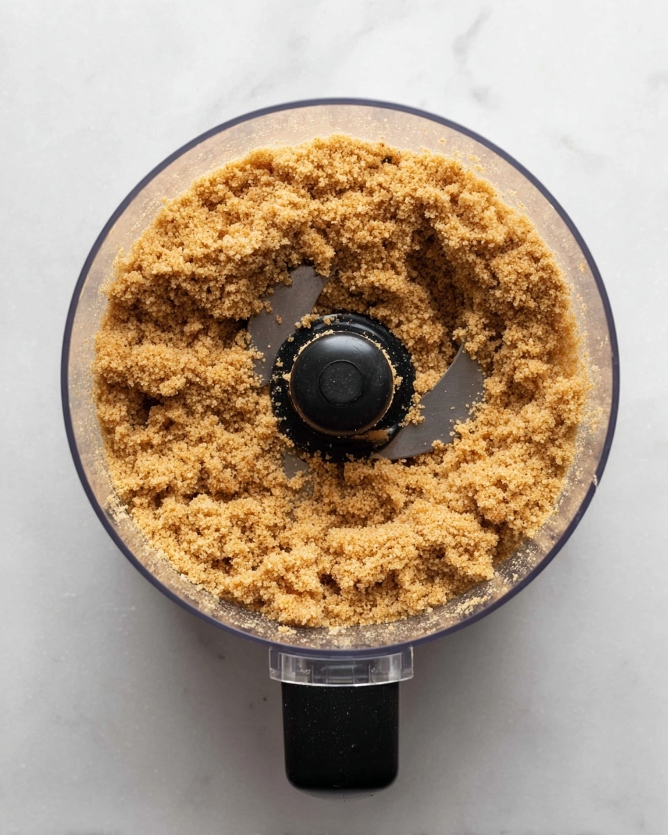 Inside a clear food processor bowl with a black handle, there is a single layer of fine, crumbly light brown mixture, evenly spread around the blade in the center. The crumbs have a slightly coarse texture with some small, uneven clumps visible. The bowl sits on a white marbled surface. photo taken with an iphone --ar 4:5 --v 7
