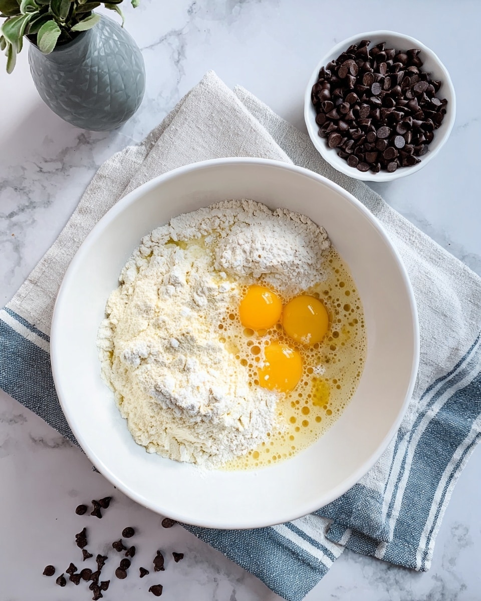 A white bowl sits on a white marbled surface with a blue and white striped cloth underneath it. Inside the bowl, there are four main visible layers: flour in powdery white clumps spread across most of the bowl, three bright yellow egg yolks grouped together on one side, and a pale, slightly bubbly liquid filling the rest of the bowl, giving a mix of textures. To the right, a small white bowl filled with dark chocolate chips is placed on the cloth, with some chips scattered around. There is a small gray glass vase with green leaves in the upper left corner. photo taken with an iphone --ar 4:5 --v 7