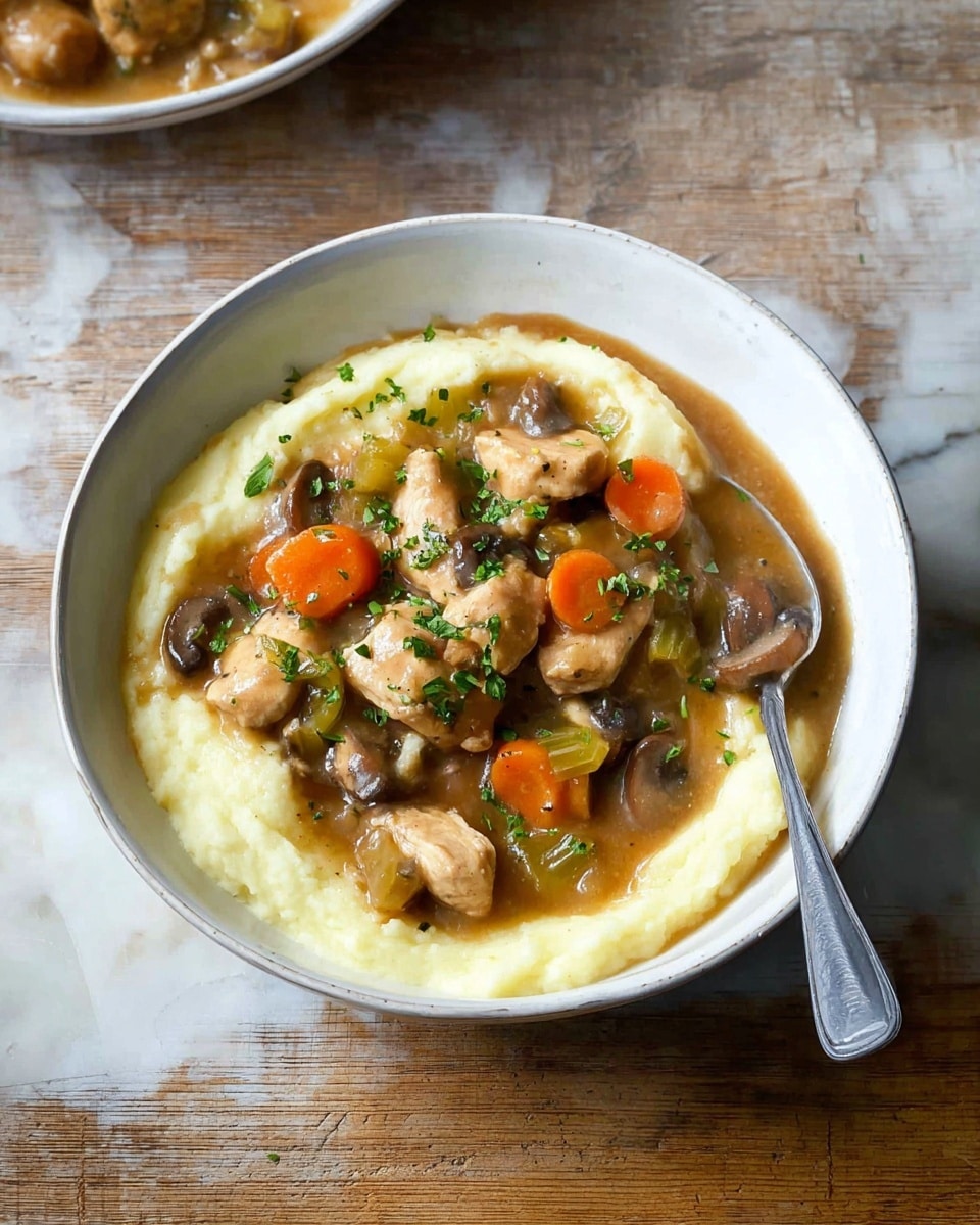 A white bowl filled with a creamy, smooth layer of pale yellow mashed potatoes evenly spread at the bottom. On top, there is a thick stew with a rich brown gravy that holds tender pieces of light brown chicken, bright orange carrot slices, green celery bits, and sliced mushrooms. The stew is arranged centrally, with bits of fresh green parsley sprinkled on top. A silver spoon rests inside the bowl on the right side, and the bowl is placed on a rustic wooden surface replaced by a white marbled texture. photo taken with an iphone --ar 4:5 --v 7