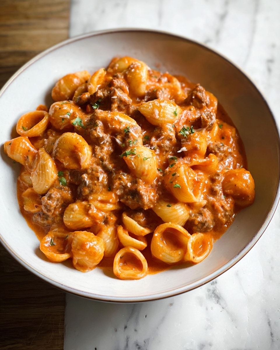 A close-up view of a white bowl filled with three layers of food: the bottom has a creamy reddish-orange tomato sauce, the middle layer consists of small chunks of brown meat mixed throughout, and the top shows short, curved pasta shells coated in the sauce. Small green herb pieces are scattered lightly among the pasta and meat. The bowl sits on a white marbled surface. photo taken with an iphone --ar 4:5 --v 7