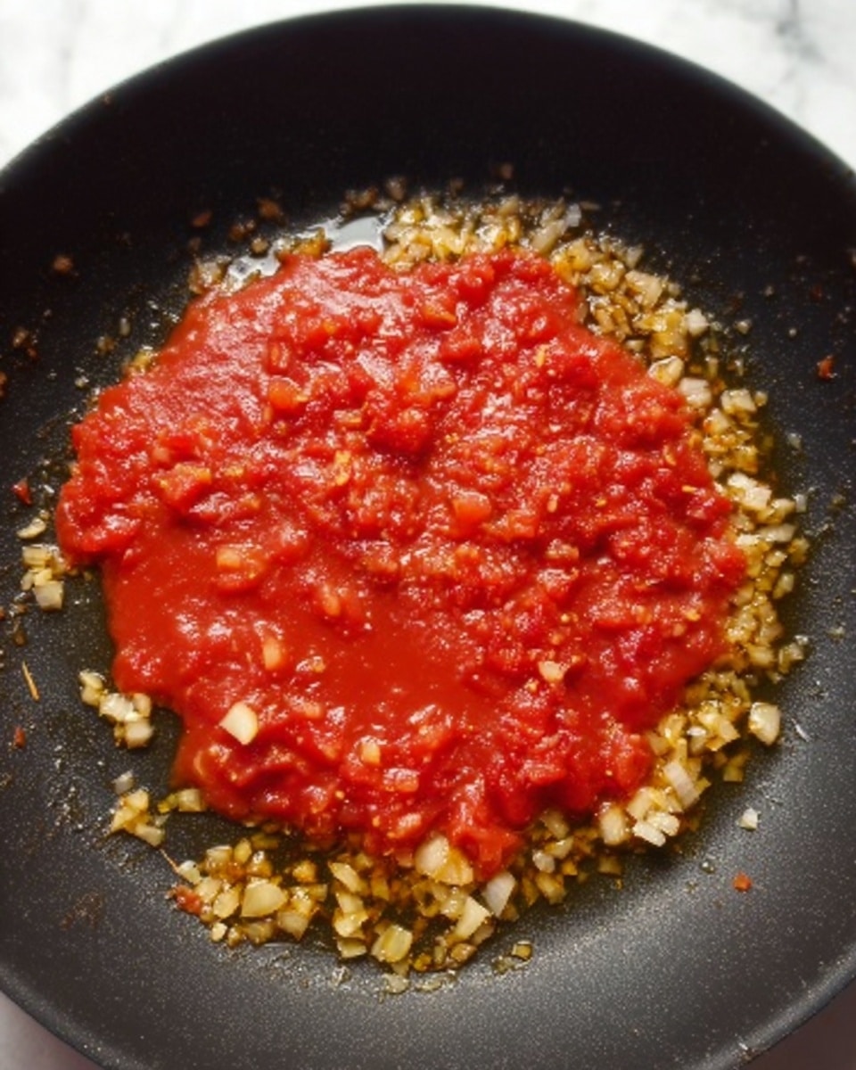 In a black frying pan, there is a thick layer of red tomato sauce in the center, surrounded by a ring of small, golden-brown, chopped onion pieces cooking in oil. The tomatoes in the sauce appear soft and slightly chunky, covering most of the pan’s surface. The onions form a textured, uneven circle around the sauce, showing a mix of translucent and browned edges against the dark pan. The oil shines lightly around the onions, creating a subtle glisten. The background is a white marbled surface. photo taken with an iphone --ar 4:5 --v 7