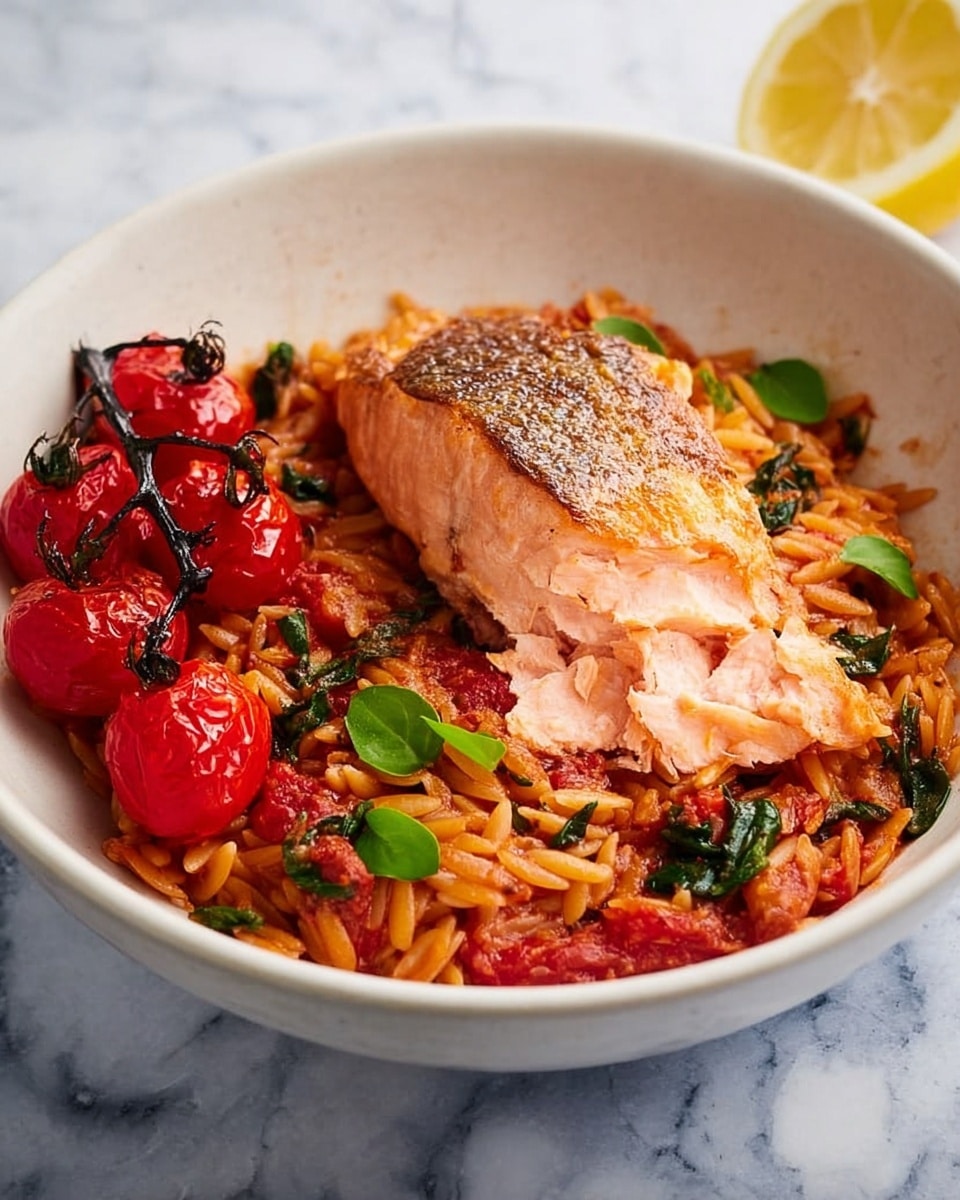 A white bowl filled with a base layer of reddish-orange orzo pasta mixed with tomatoes and green leafy herbs, creating a textured, slightly saucy bed. On top, a thick piece of cooked salmon with a golden brown crust is placed slightly to one side, showing flaked pink inside. To the left of the salmon, a small bunch of bright red roasted cherry tomatoes on dark green stems add vibrant color. Small green leaves are sprinkled across the top for garnish. The bowl is set on a white marbled surface with a slice of lemon visible nearby. photo taken with an iphone --ar 4:5 --v 7
