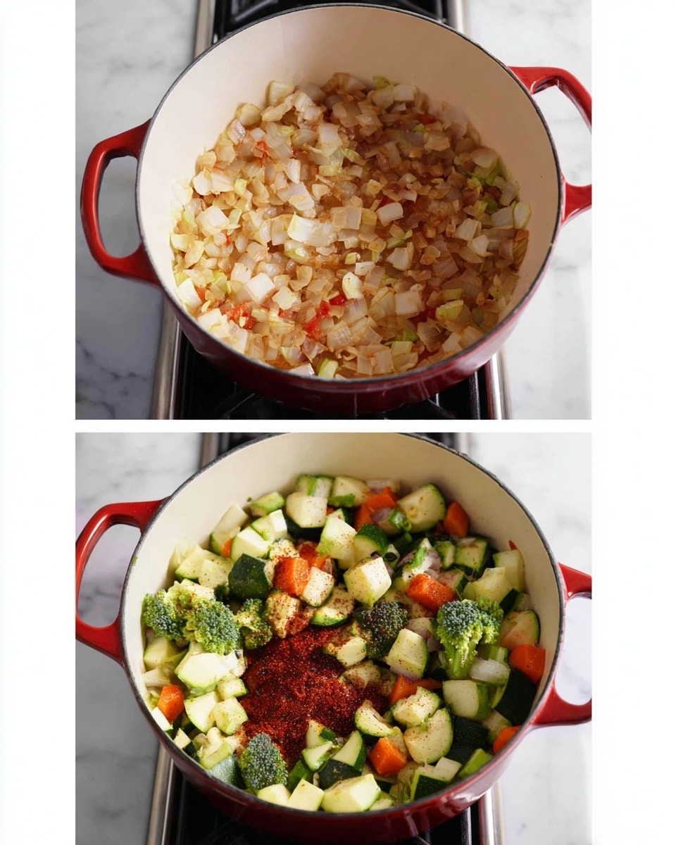 In the first image, there is a white pot with red outer sides on a stove, filled with small, light brown pieces of chopped onion cooking with a hint of browning, covering the bottom layer evenly. In the second image, the same white pot contains a colorful mix of vegetables on top of the onions, including green broccoli florets, dark green and white chunks of zucchini, and orange carrot slices, along with dollops of dark red tomato paste and brown spices scattered over the vegetables. The pot rests on a stove with a blurred black and silver background, and the whole scene is set against a white marbled texture. photo taken with an iphone --ar 4:5 --v 7