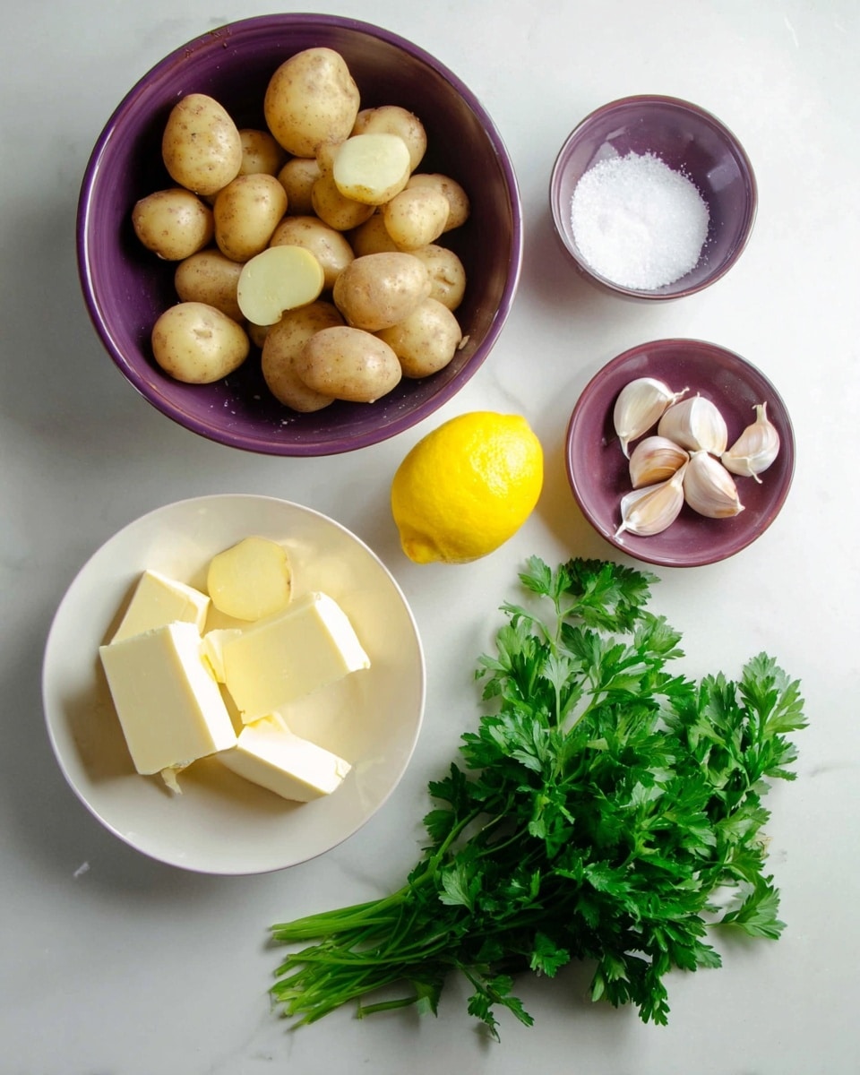 The image shows a group of cooking ingredients on a white marbled surface. In the top left, there is a purple bowl filled with many small, round potatoes, some cut in half to show their creamy inside. To the right of the potatoes, a purple bowl holds white granulated salt. Below the potatoes, a bright yellow lemon sits next to three garlic cloves, two whole and one partially peeled. At the bottom center, a white bowl contains several blocks of pale yellow butter. Finally, on the right, a bunch of fresh green parsley rests with vibrant leaves and long stems. photo taken with an iphone --ar 4:5 --v 7