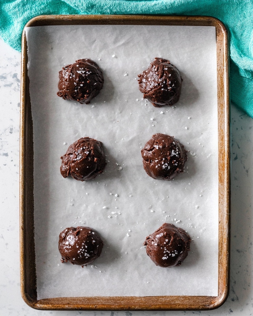 Six dollops of dark brown chocolate cookie dough with a thick texture sit spaced out on a sheet of white parchment paper, which covers a metal baking tray. The dough has a shiny surface with small salt flakes sprinkled on top of each dollop. A turquoise cloth is partially visible at the top of the image, and the surface underneath the tray is changed to a white marbled texture. Photo taken with an iphone --ar 4:5 --v 7