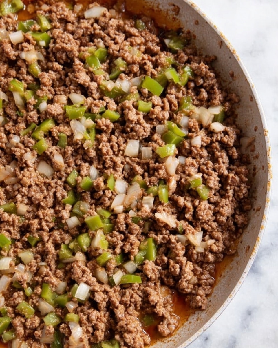 A close-up view of a white pan filled with cooked ground meat mixed with small diced green bell peppers and chunks of white onion. The meat appears brown and crumbly, evenly spread across the pan with a slight glossy texture from the juices around it. The vegetables are scattered well inside, with the green and white pieces popping out amid the brown meat creating a rough, uneven surface. The pan sits on a white marbled surface with soft natural light highlighting the moist texture of the cooked food. photo taken with an iphone --ar 4:5 --v 7