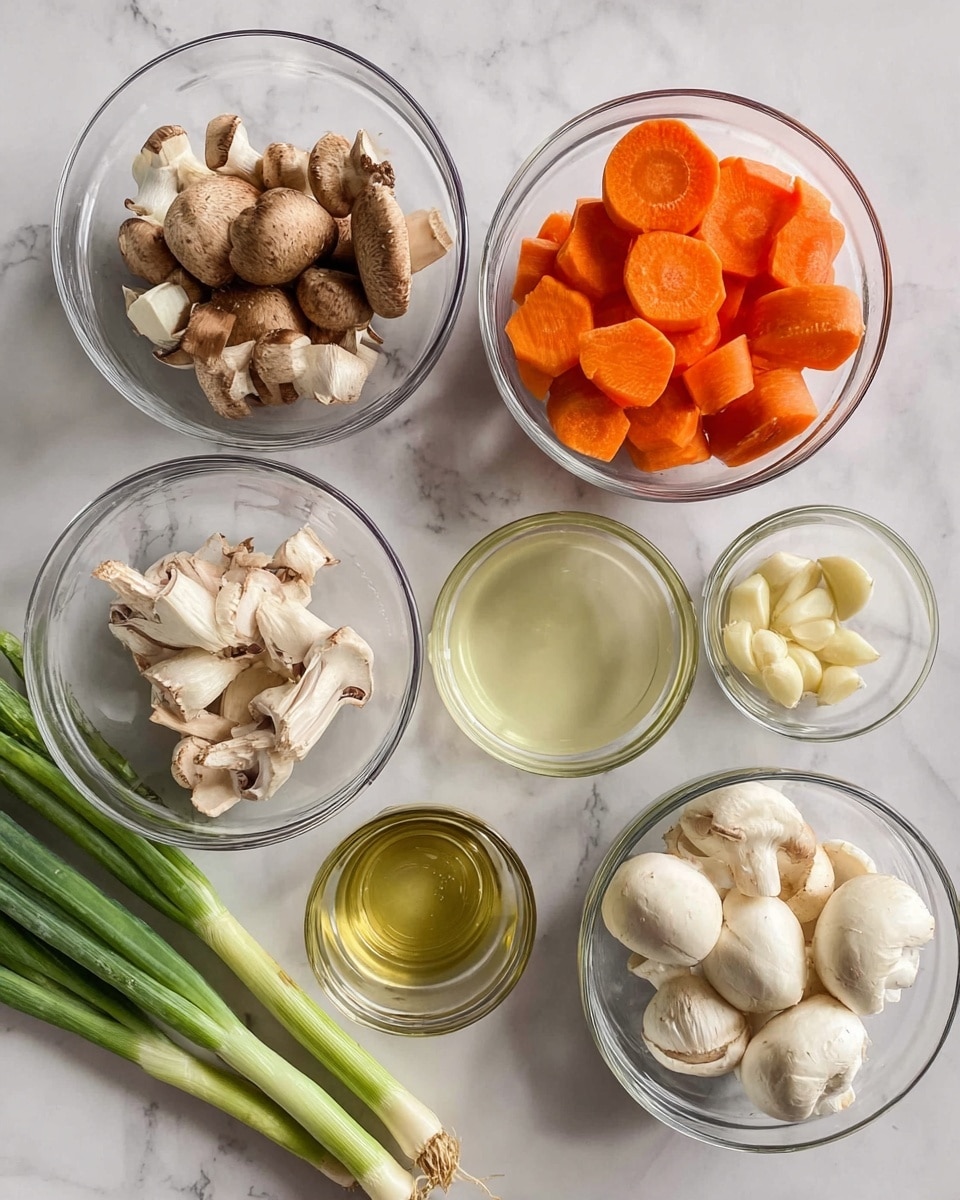 The image shows six clear glass bowls and two green onions on a white marbled background. The top left bowl contains chopped brown mushrooms and small whole garlic cloves. To the right, another bowl is filled with thick slices of bright orange carrots. Below that, a bowl holds whole white mushrooms. At the bottom center, a bowl shows peeled garlic cloves. There are also two smaller glass containers in the middle, one with a clear light liquid and the other with a pale yellow oil. Two long green onions with white bulbs lay on the left side. Photo taken with an iphone --ar 4:5 --v 7