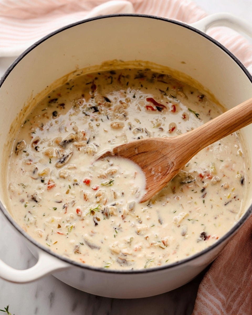 A close-up image of a white pot filled with a creamy mixture that has small pieces of food in it, including bits of red, brown, and green, giving it a speckled look. The creamy base is light beige, thick, and smooth with visible small chunks of ingredients throughout. A wooden spoon rests inside the pot, partly covered with the creamy mix, angled from the bottom right to the middle. The pot sits on a white marbled surface with a soft pink and white striped cloth in the background. Photo taken with an iphone --ar 4:5 --v 7