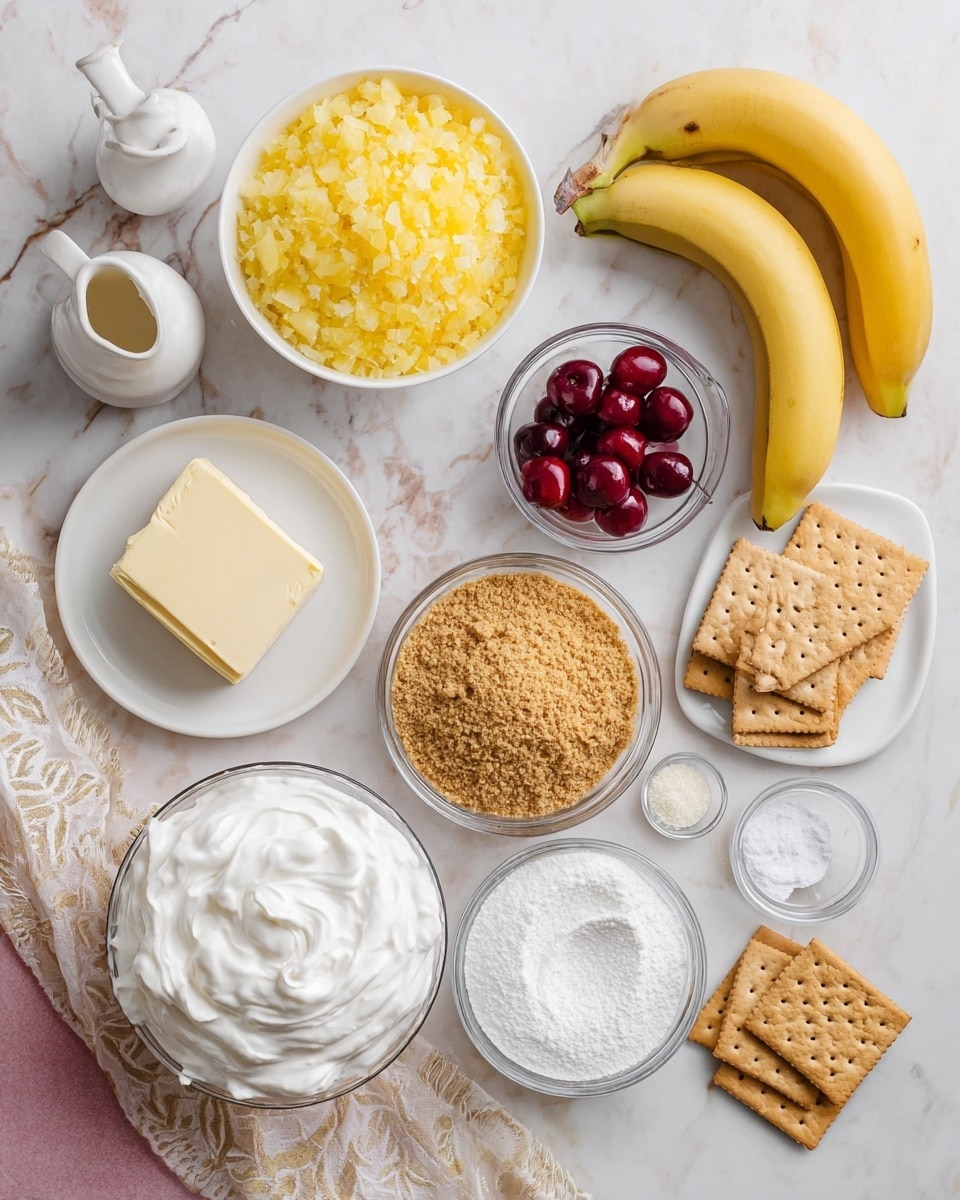 The image shows various recipe ingredients placed neatly on a white marbled surface. There is a white bowl filled with yellow crushed pineapple near the top center. Next to it, on the right, are three bright yellow bananas. Below the bananas to the right is a small white plate with fresh red cherries. In the center is a clear glass bowl full of light brown graham cracker crumbs. Near the bottom left is a larger white bowl filled with thick white whipped cream, and next to it on the right is a glass bowl of fine white powdered sugar. Between these bowls are small glass bowls with white salt and cream cheese. A small white plate holds a block of pale yellow butter on the left side. Near the bottom right, there is also a small bowl of chopped peanuts. There are two whole graham crackers placed right of the center bowl, and a small white pitcher of dark syrup at the top left. A cream and gold cloth is partially visible at the bottom left corner. photo taken with an iphone --ar 4:5 --v 7