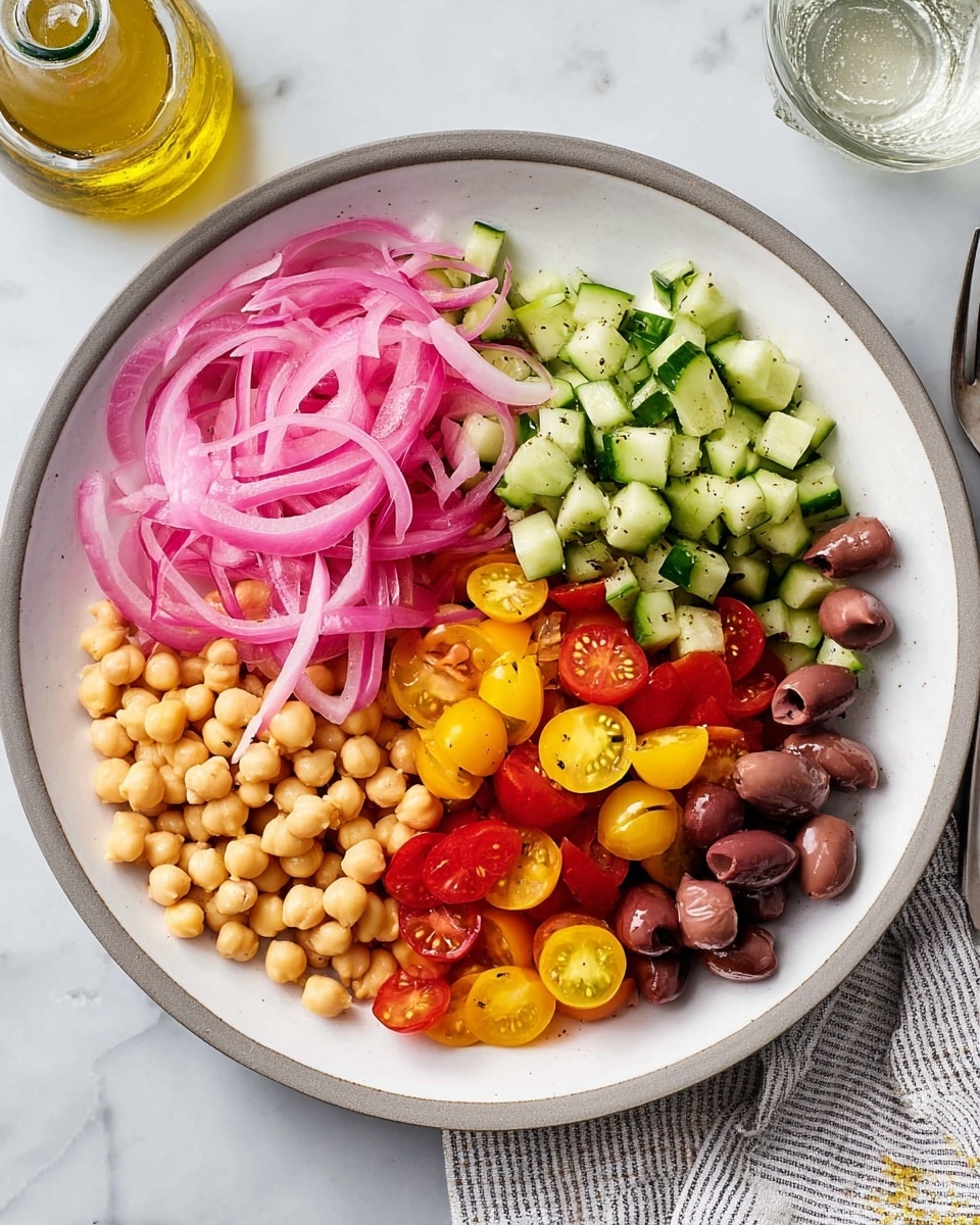 A large white plate with a wide gray rim holds a salad arranged in five separate sections. Starting from the top left, there are thin, bright pink pickled onion slices piled loosely. Next to it, toward the top right, is a layer of small, chopped cucumber pieces with a fresh green color. Below the cucumbers is a layer of halved mini tomatoes in both bright yellow and red colors, glistening with freshness. Moving to the bottom right, there are pitted, halved olives in dark brown and purple shades. Finally, on the bottom left, there is a pile of light tan chickpeas. The plate is on a white marbled surface, with a bottle of olive oil, a glass of water, and a striped cloth visible nearby. photo taken with an iphone --ar 4:5 --v 7