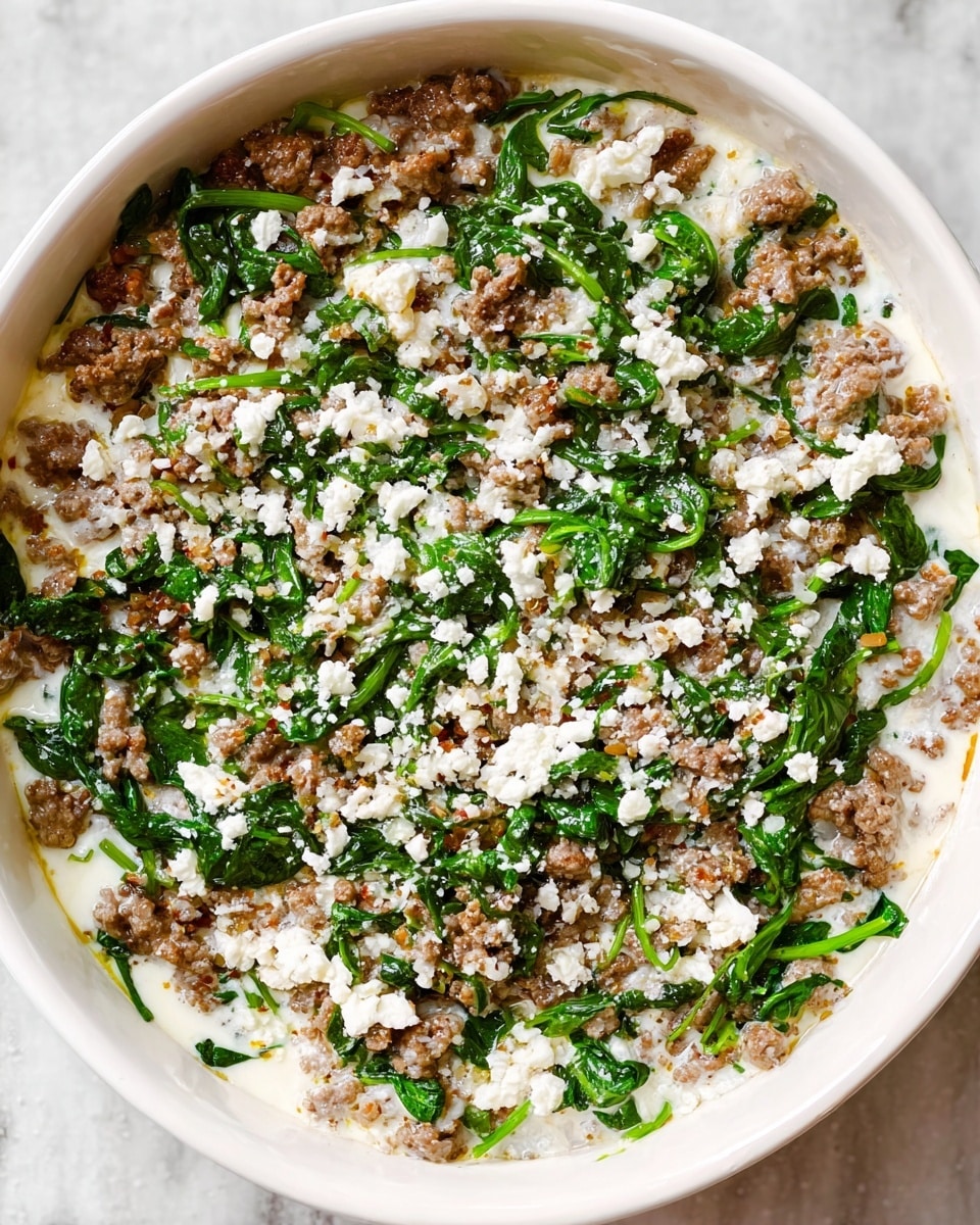 The image shows a white round dish filled with three visible layers. The base layer is a creamy white sauce that fills the dish evenly. The middle layer is made up of small brown cooked ground meat pieces mixed with bright green cooked spinach leaves, spread evenly across the surface. The top layer consists of white crumbly cheese scattered all over the dish. The dish sits on a white marbled surface. photo taken with an iphone --ar 4:5 --v 7