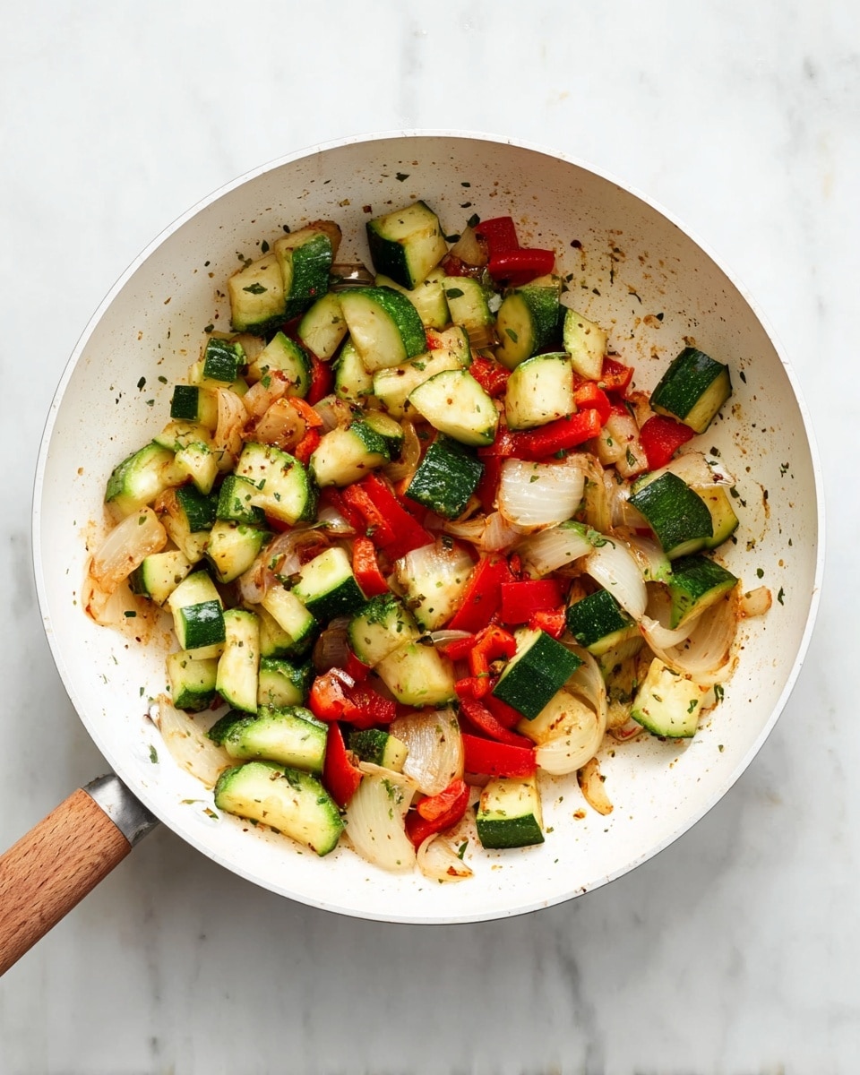 A white pan with a wooden handle contains cooked vegetable pieces. The vegetables include green zucchini chunks, white onion slices, and red bell pepper pieces. The zucchini pieces have a slightly browned edge, the onion slices are soft and translucent, and the red bell peppers add bright red color among the vegetables. The pan sits on a white marbled surface, and the vegetables look mixed together with small specks of herbs or seasoning visible on them. photo taken with an iphone --ar 4:5 --v 7