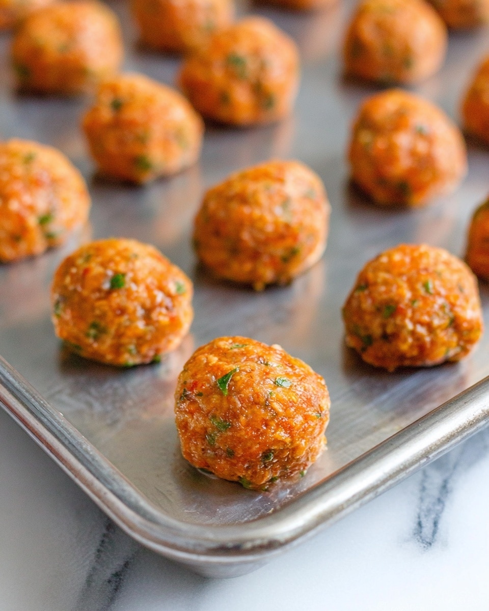The image shows a close-up of small, round meatballs arranged in rows on a metal baking tray. Each meatball is orange-brown in color with green herb bits speckled throughout, giving a textured look. The meatballs are evenly spaced, and the tray's shiny surface reflects light softly. The background is a white marbled texture that contrasts with the warm color of the meatballs. Photo taken with an iphone --ar 4:5 --v 7