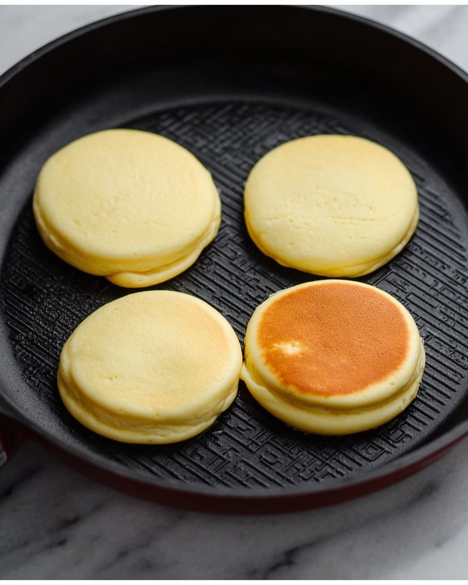 The image shows three round dollops of pale yellow batter cooking in a black pan with a textured surface. Two dollops remain light and pale while one has been flipped over, revealing a smooth, golden brown cooked side. The batter appears soft and slightly thick with a smooth surface. The pan takes up most of the frame and sits on a white marbled surface. Photo taken with an iphone --ar 4:5 --v 7