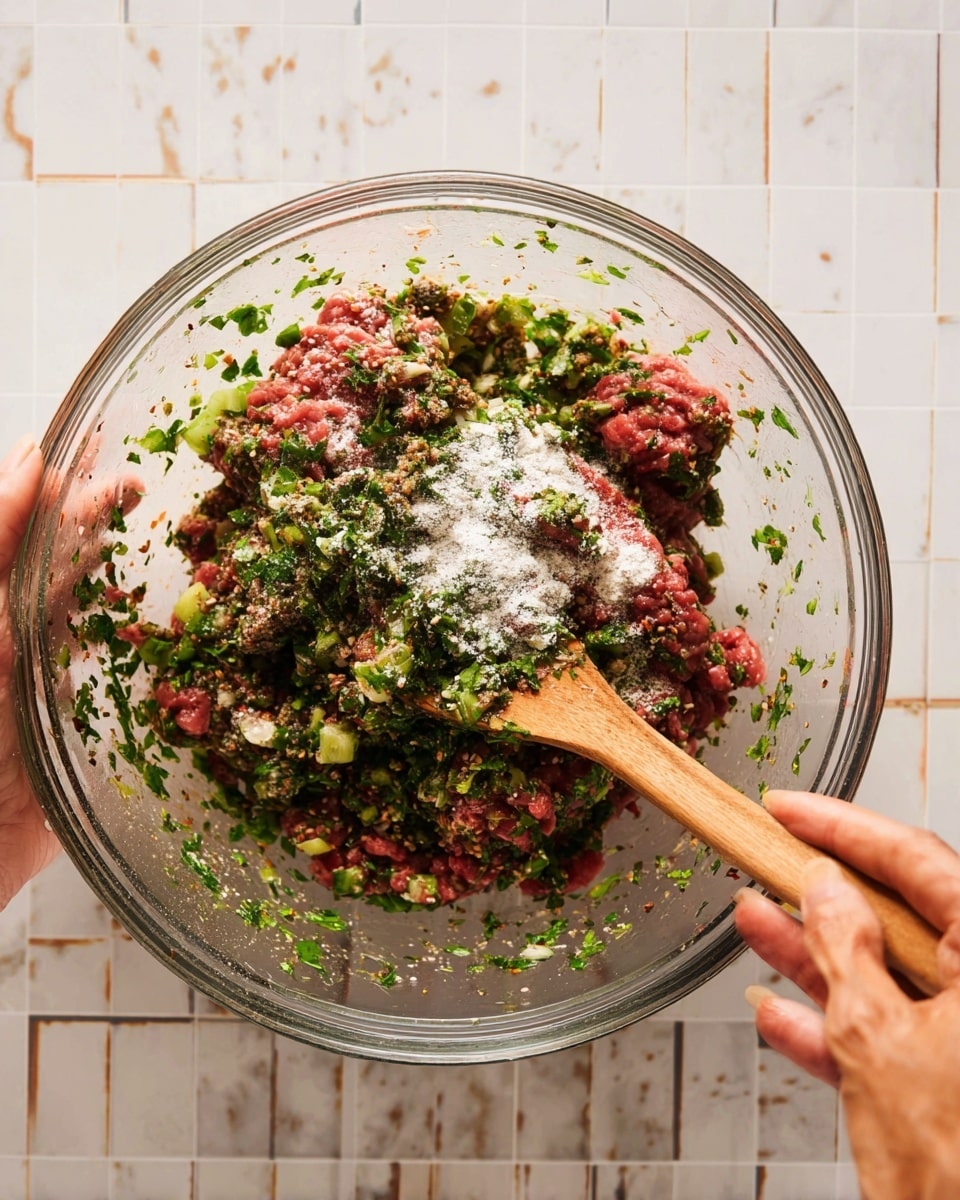 A clear glass bowl sits on a white marbled texture, filled with a mix of raw red ground meat, chopped green vegetables, and white powder sprinkled on top. A wooden spoon stirs the mixture, which shows layers of bright green herbs, light-colored seasoning, and dark specks of pepper. A woman's hand grips the spoon from the right side, and another woman's hand holds the bowl from the left side. photo taken with an iphone --ar 4:5 --v 7